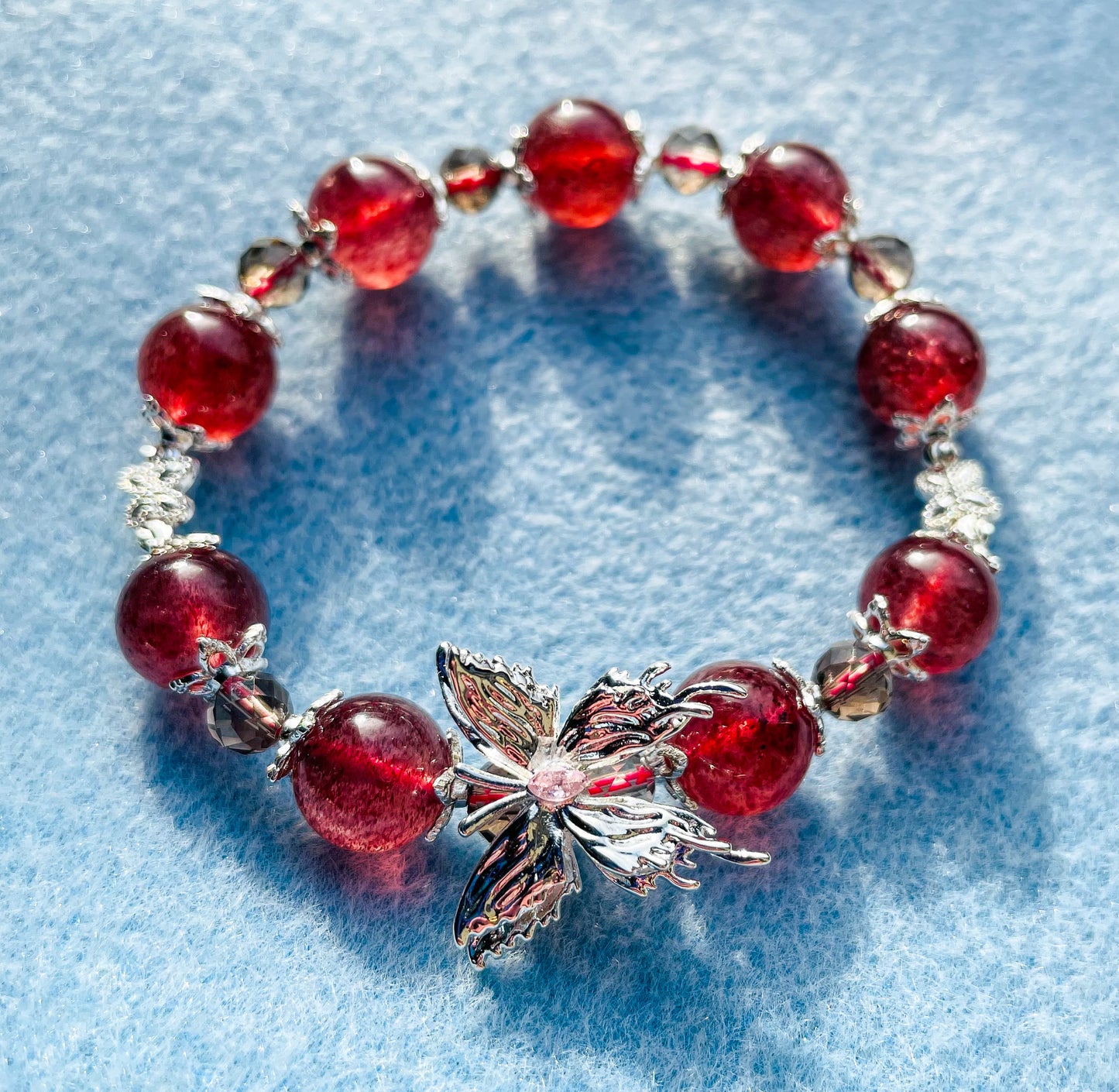 Natural Strawberry Quartz Crystal Silver Butterfly Bracelet