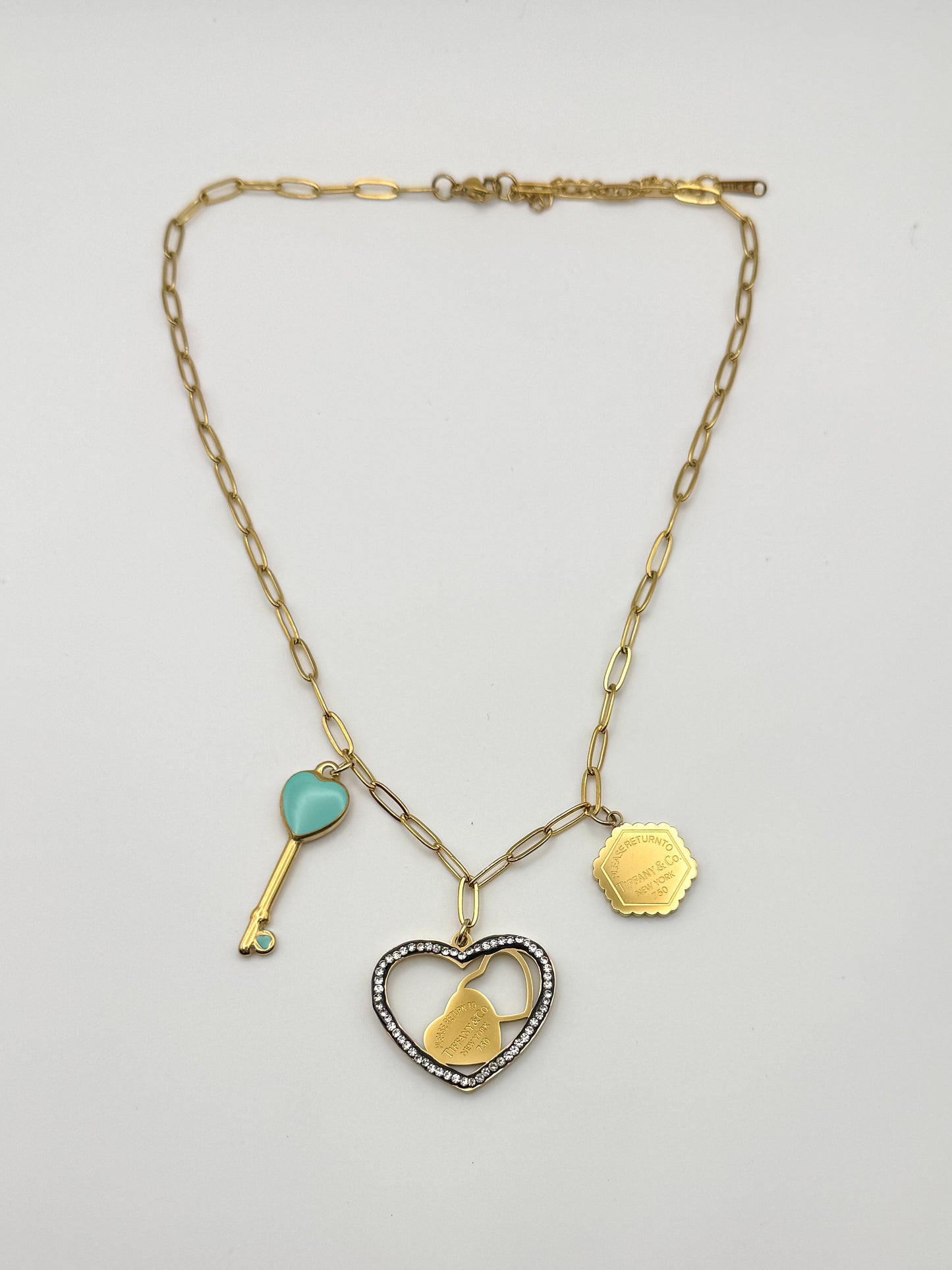 Gold Stainless Steel T&Co. Charm Necklace & Stud Earrings Jewelry Set