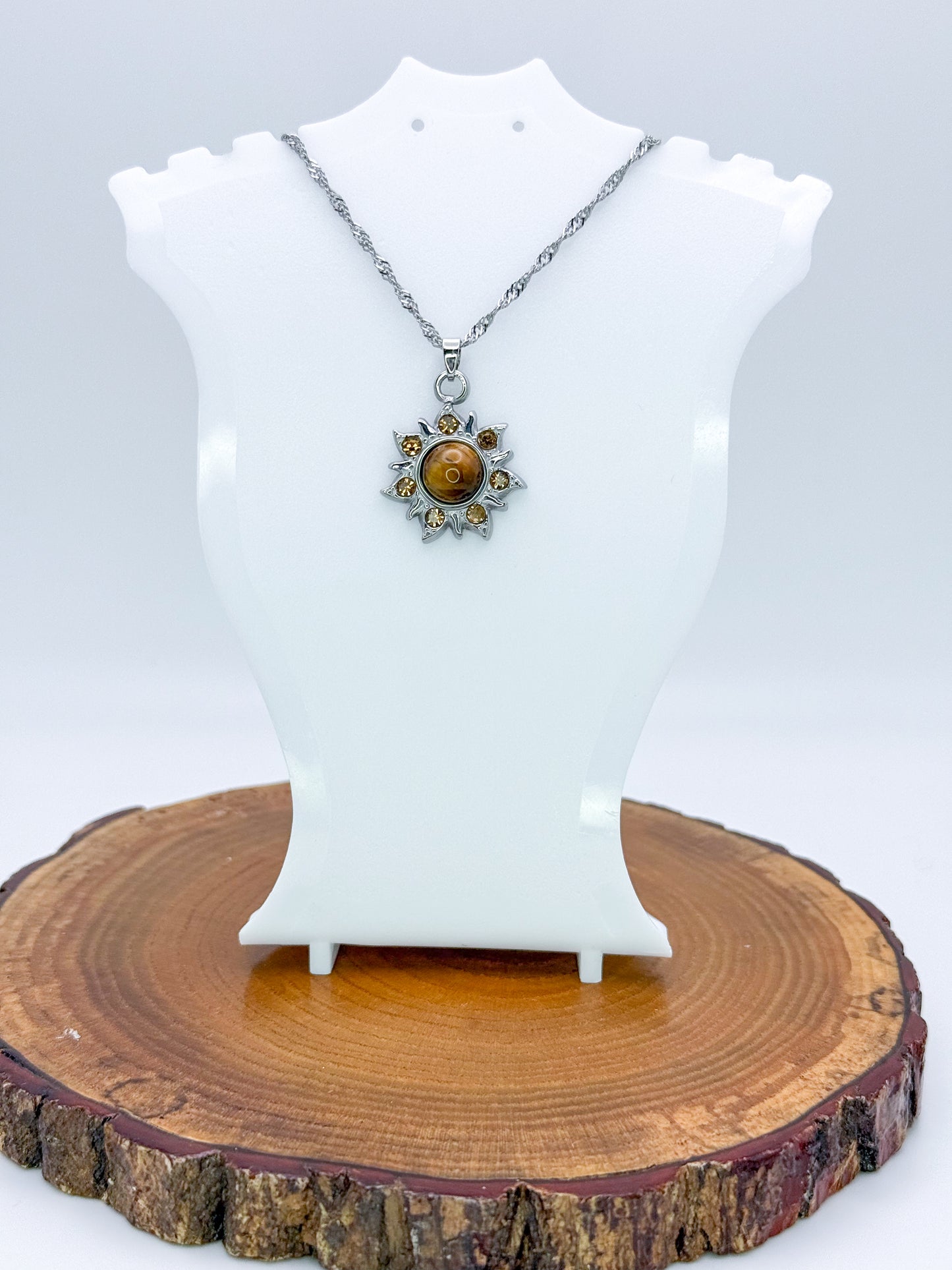 Sun Burst Necklace-Natural Gemstone Stainless Steel Sun Pendant Adjustable Necklace