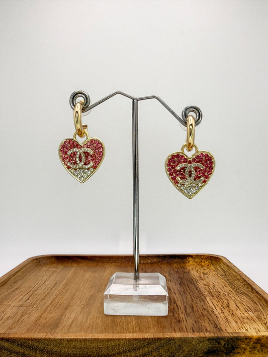Gold & Hot Pink CC Designer Stud Dangle Hoop Earrings