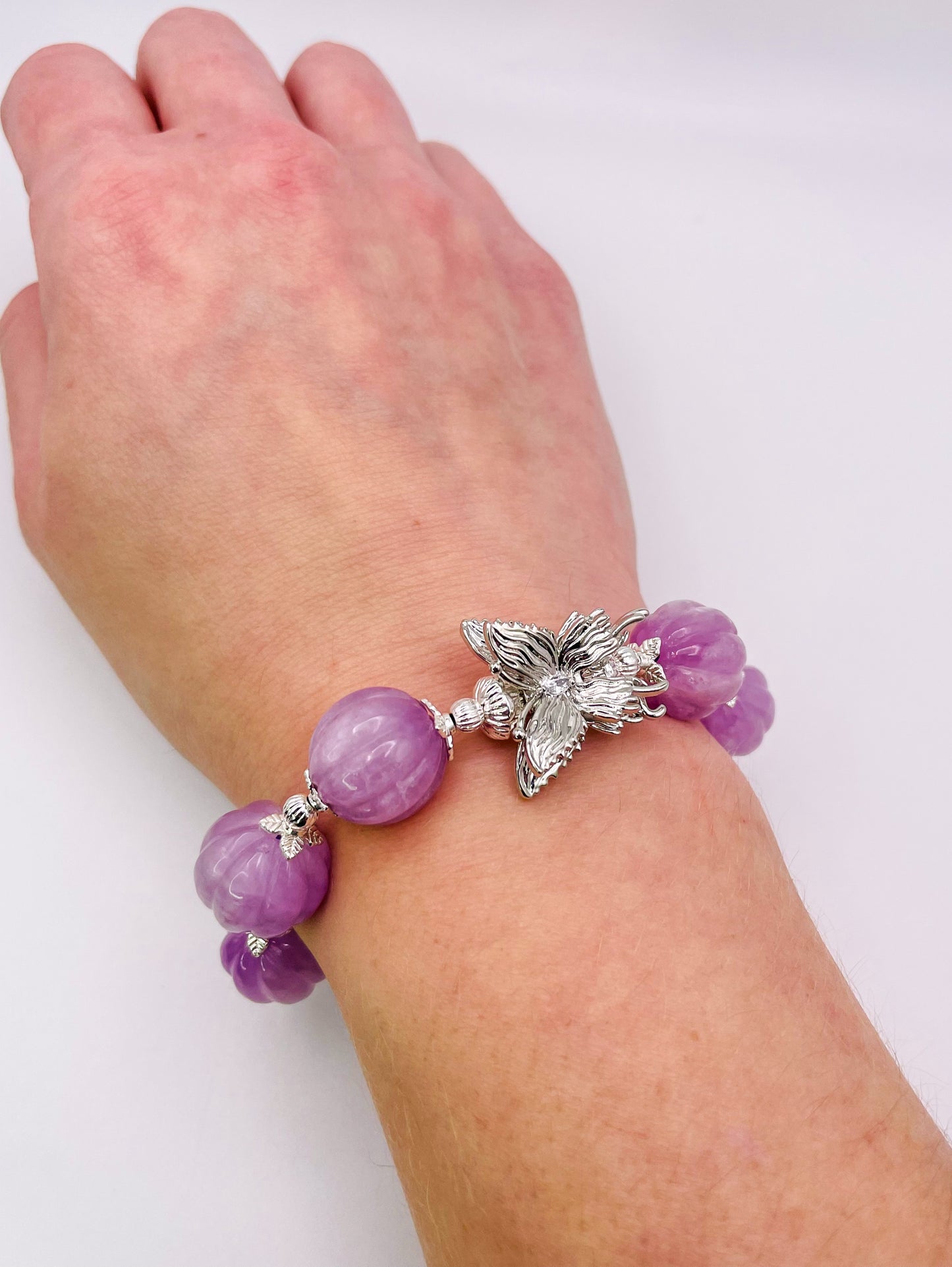 Natural Kunzite Pumpkin Craving Crystal Bracelet with Silver Double Butterfly Charm