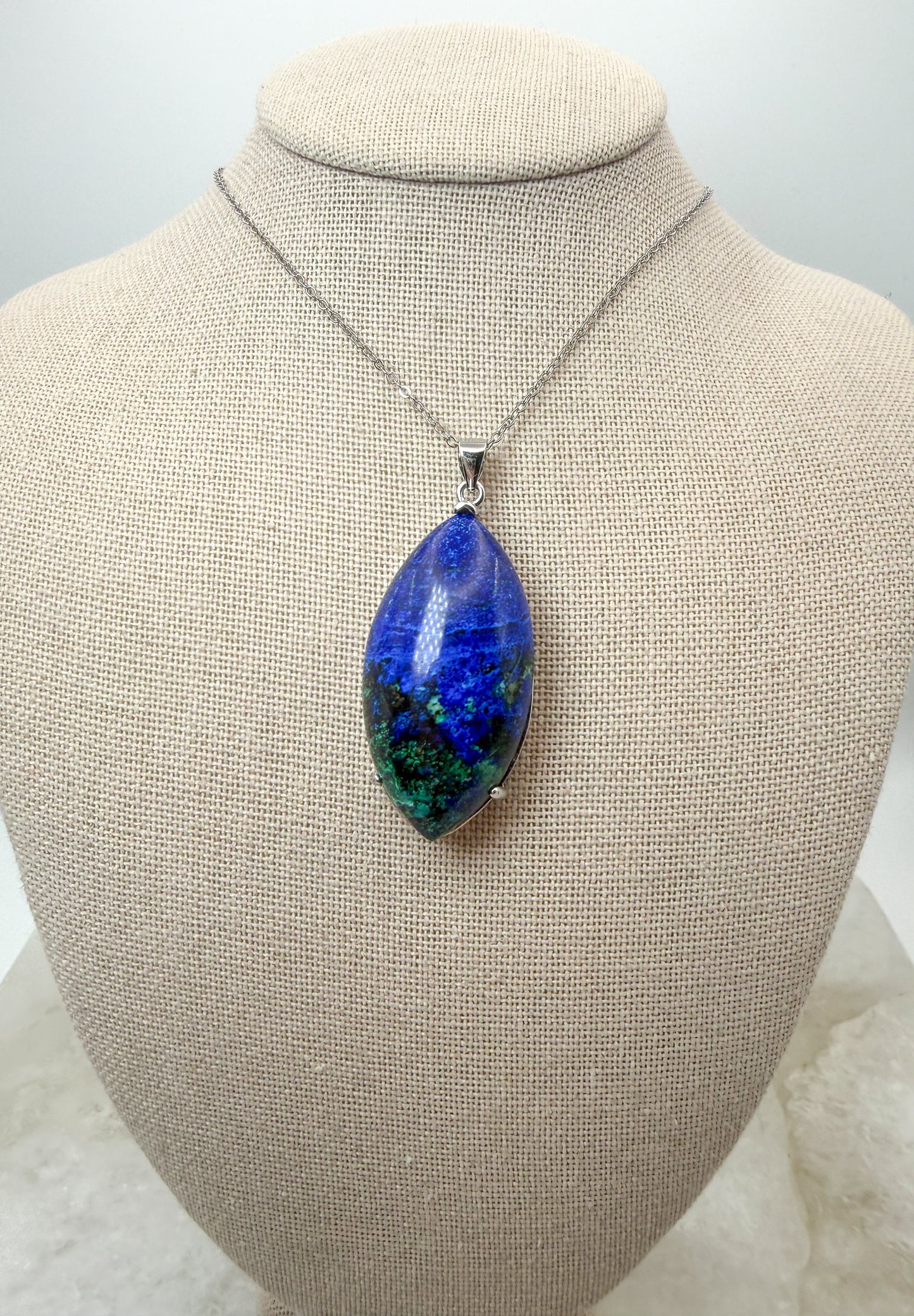 Natural Azurite Pendulum Pendant Stainless Steel Chain Necklace