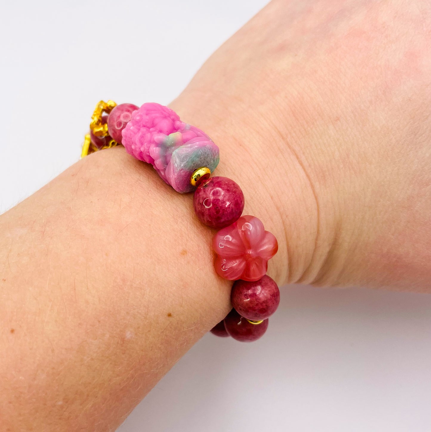 Goddess of Protection Drashi Llamo Pink Rhodonite Statement Bracelet