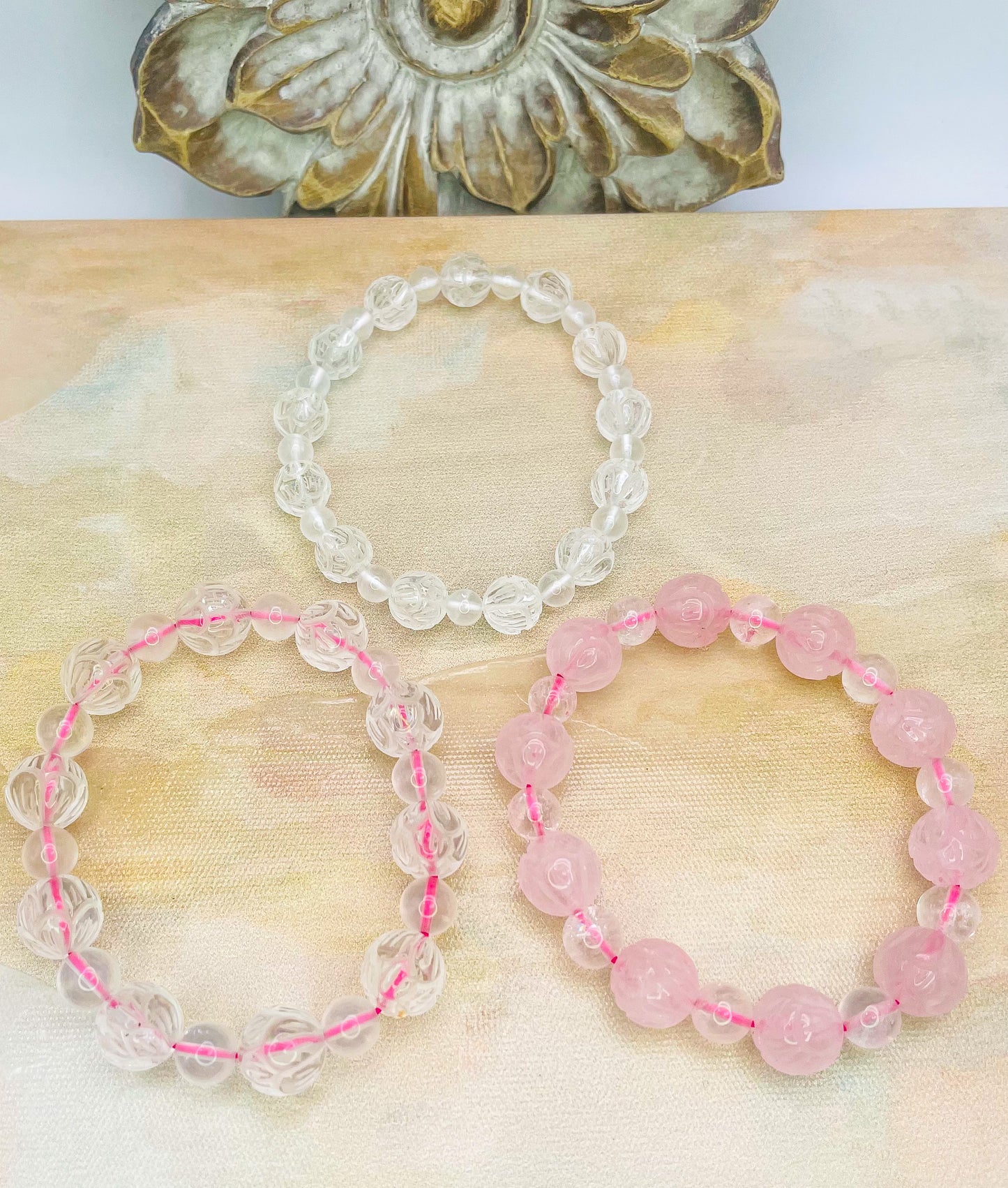 Lotus Craved Natural Crystal Beaded Bracelets- Clear Quartz, Rose Quartz