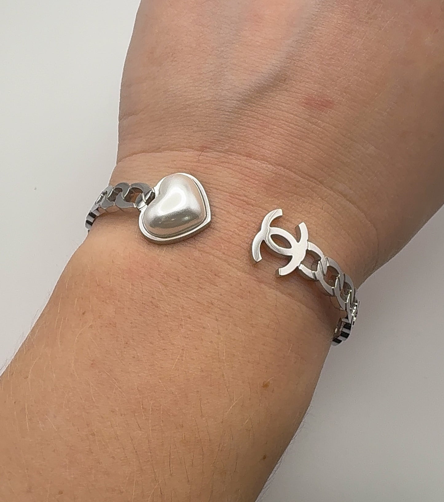 Silver Open Front CC Pearl Heart Stainless Steel Bangle Bracelet