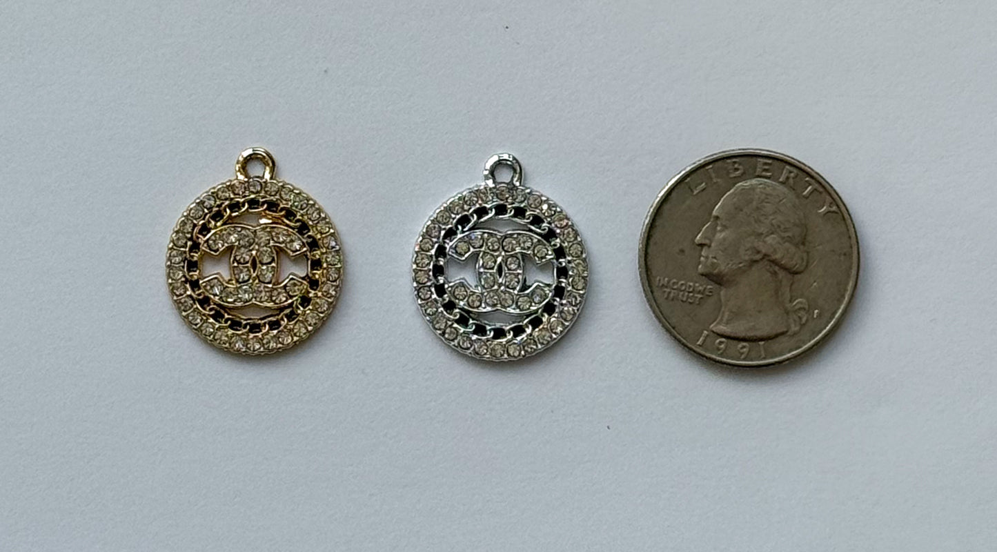 Zircon Covered CC Designer Round Silver or Gold DIY Charms