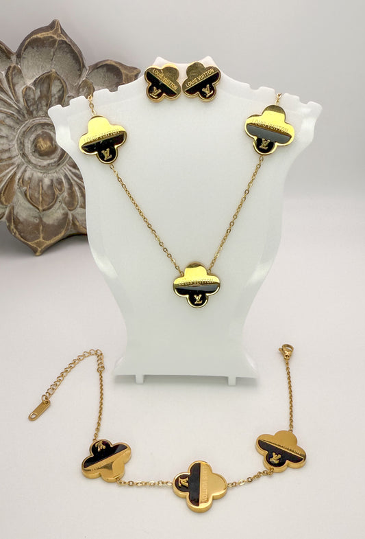 LV Gold & Black Logo Clover Jewelry Set-Matching Necklace, Stud Earrings & Bracelet