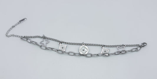 LV Designer Clover Logo Silver Stainless Steel Adjustable Bracelet