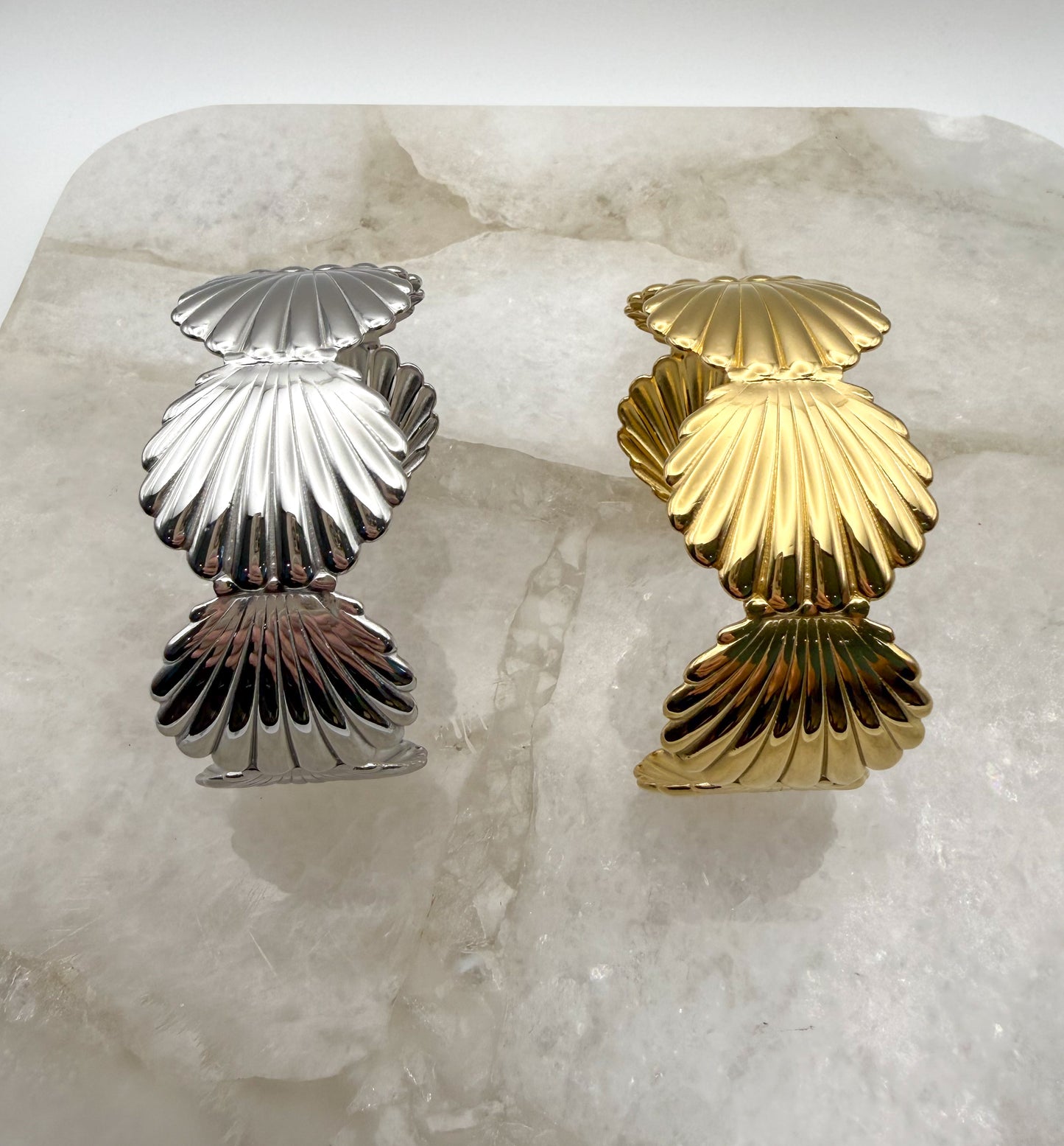 Scallop SeaShell Stainless Steel Gold or Silver Plated Open Back Adjustable Cuff Bangle Bracelet