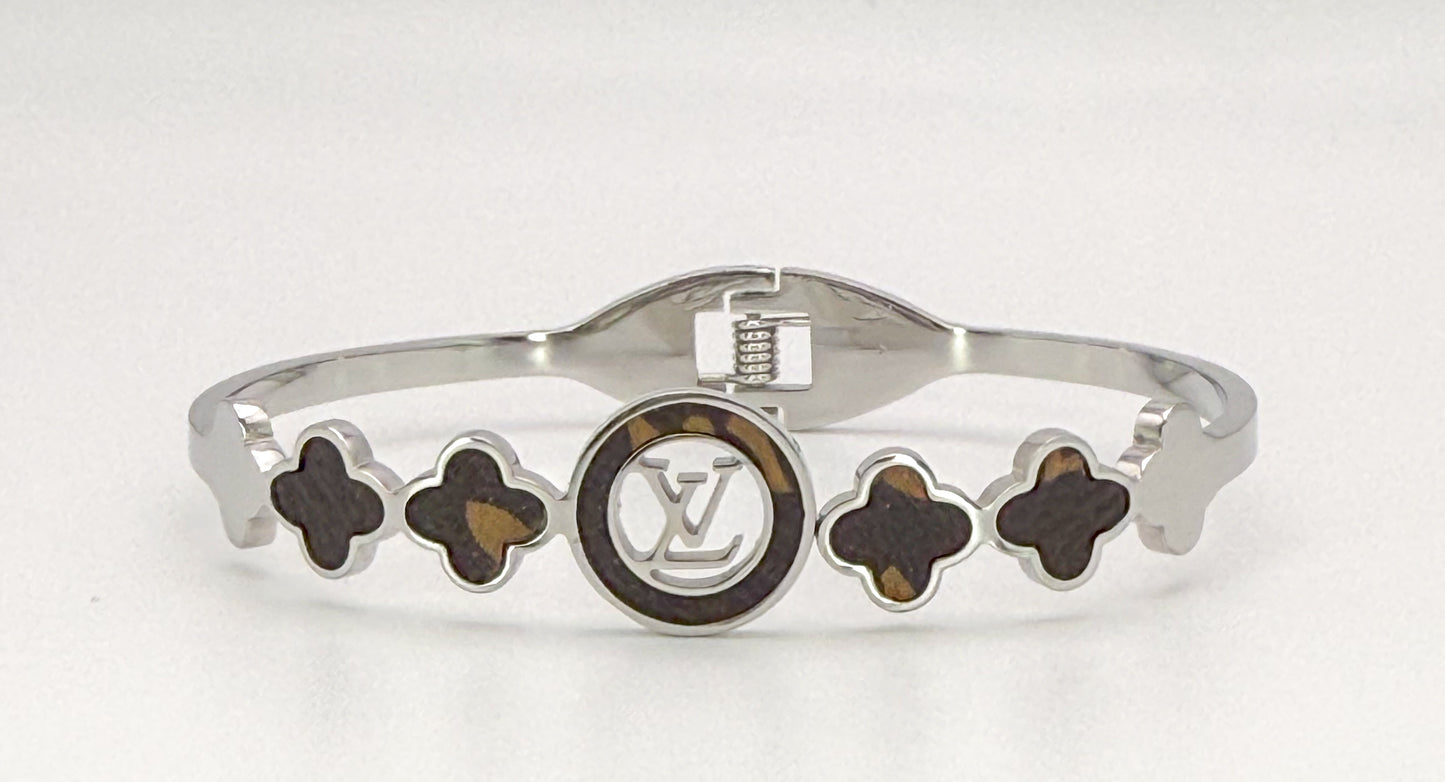 Stainless Steel LV Open Front Silver Bangle with Brand Leather Logo