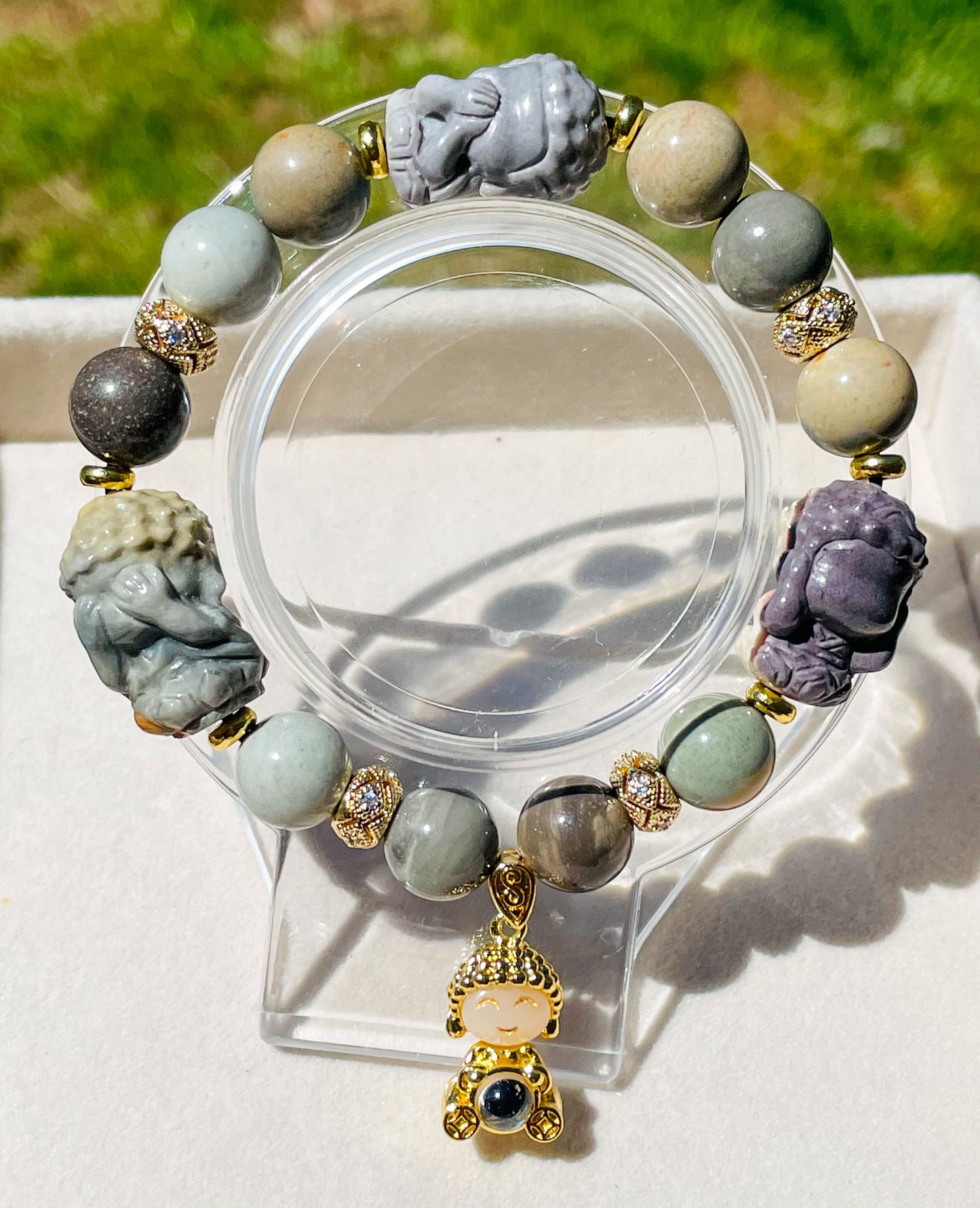 Hear, See & Speak No Evil Baby Budda Sitting on Lotus Natural Alashan Agate Crystal Carving Beaded Stretch Adjustable Bracelet