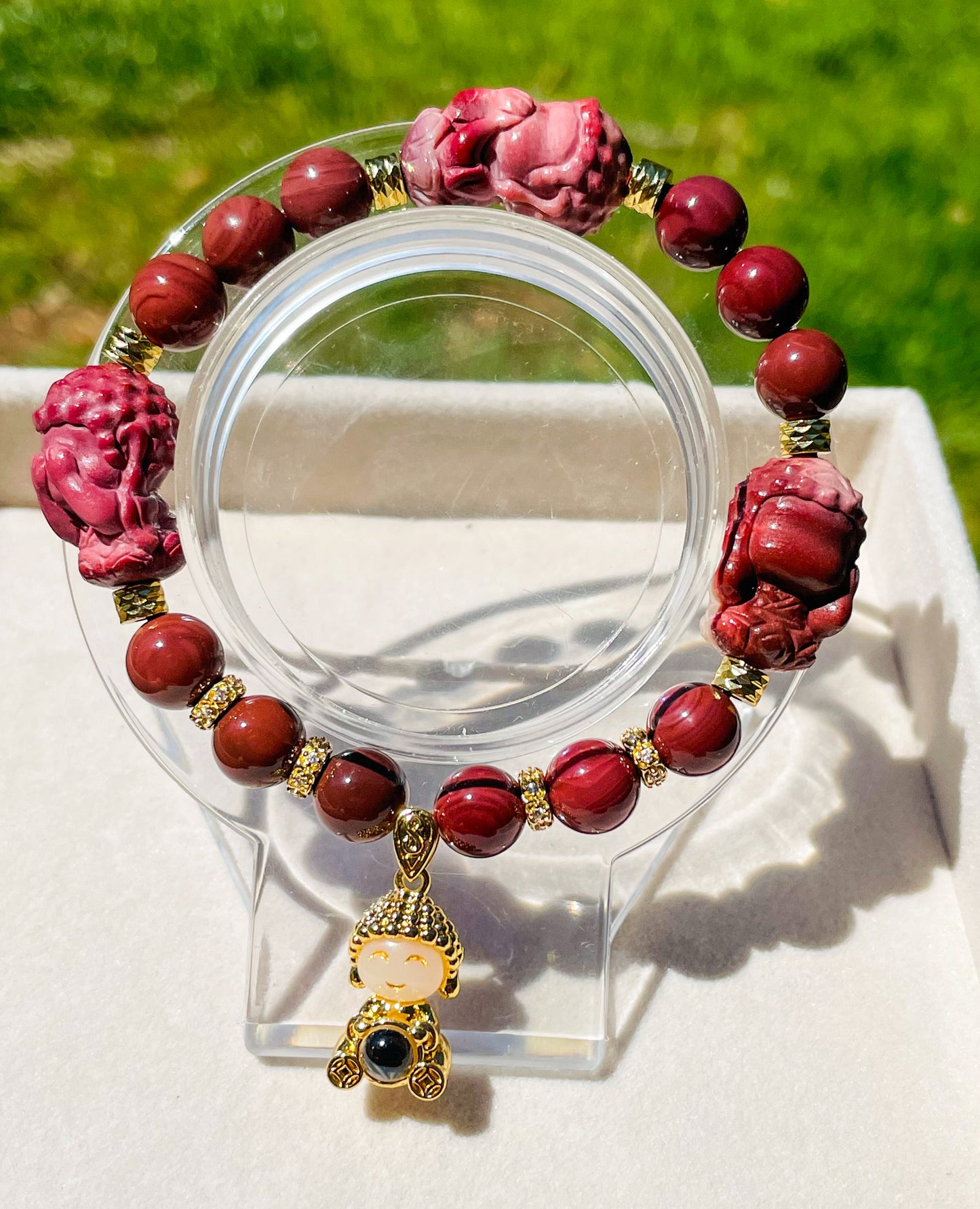 Hear, See & Speak No Evil Baby Budda Sitting on Lotus Natural Alashan Agate Crystal Carving Beaded Stretch Adjustable Bracelet