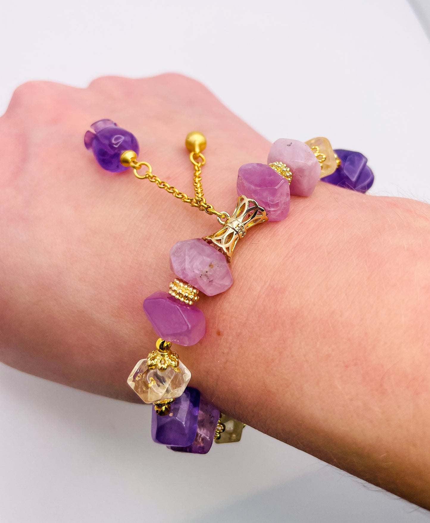 Natural Amethyst, Kunznite & Citrine Tulip Statement Bracelet