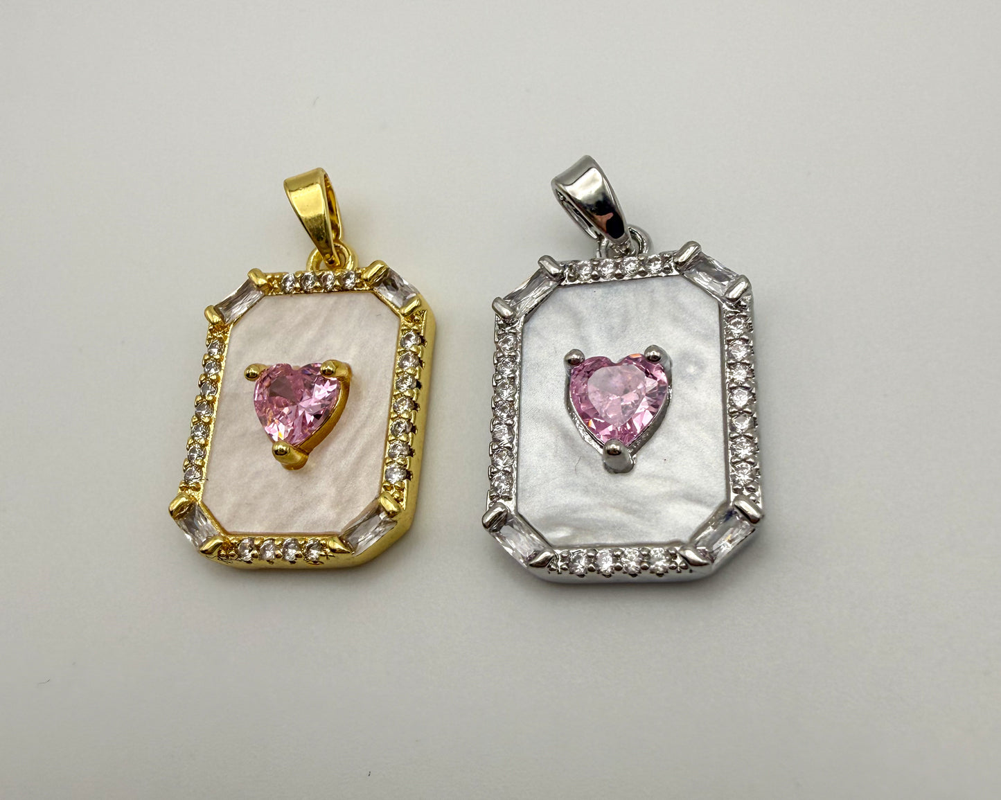 Mother of Pearl Shell with Pink CZ Heart Gold & Silver Pendant