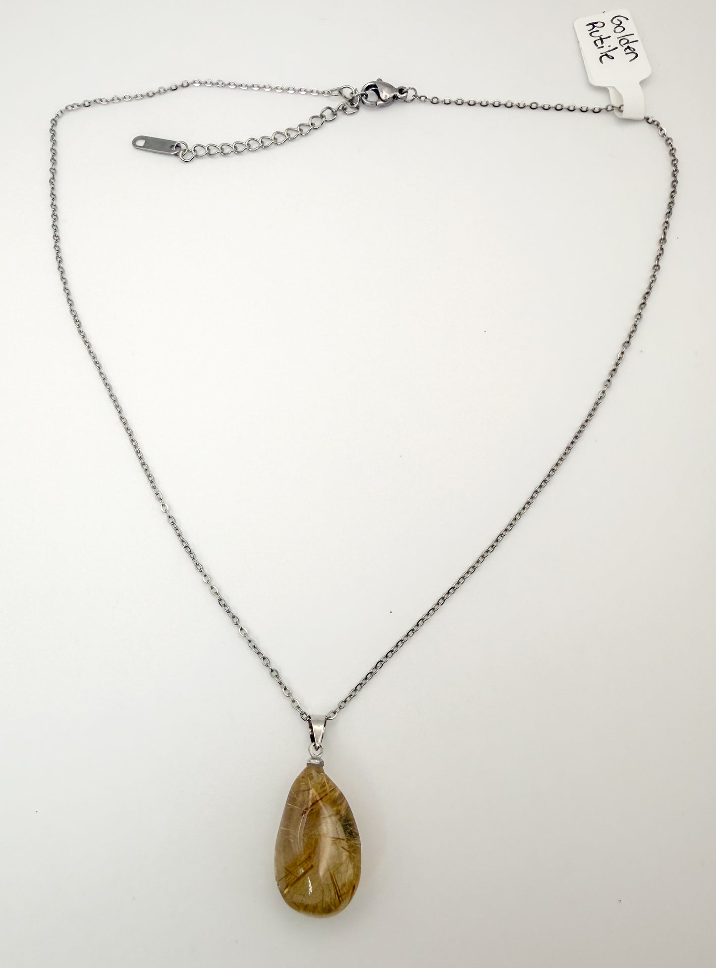 Natural Golden Rutilated Quartz Crystal Teardrop Pendant Stainless Steel Chain Necklace