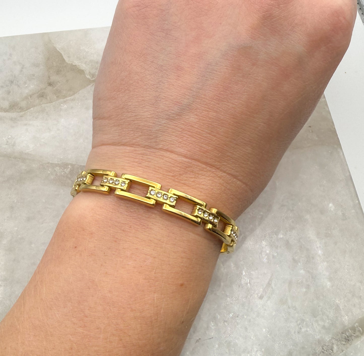 Gold Stainless Steel Bling Box Chain Link Bangle Bracelet