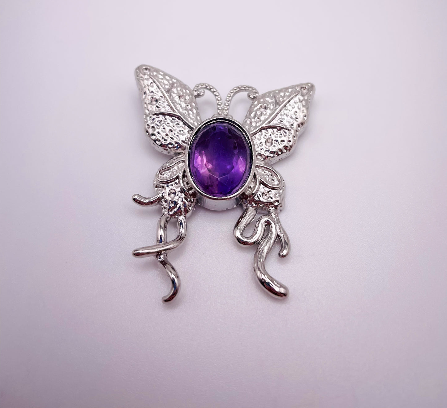 Big Silver Butterfly Amethyst Gem Pendant