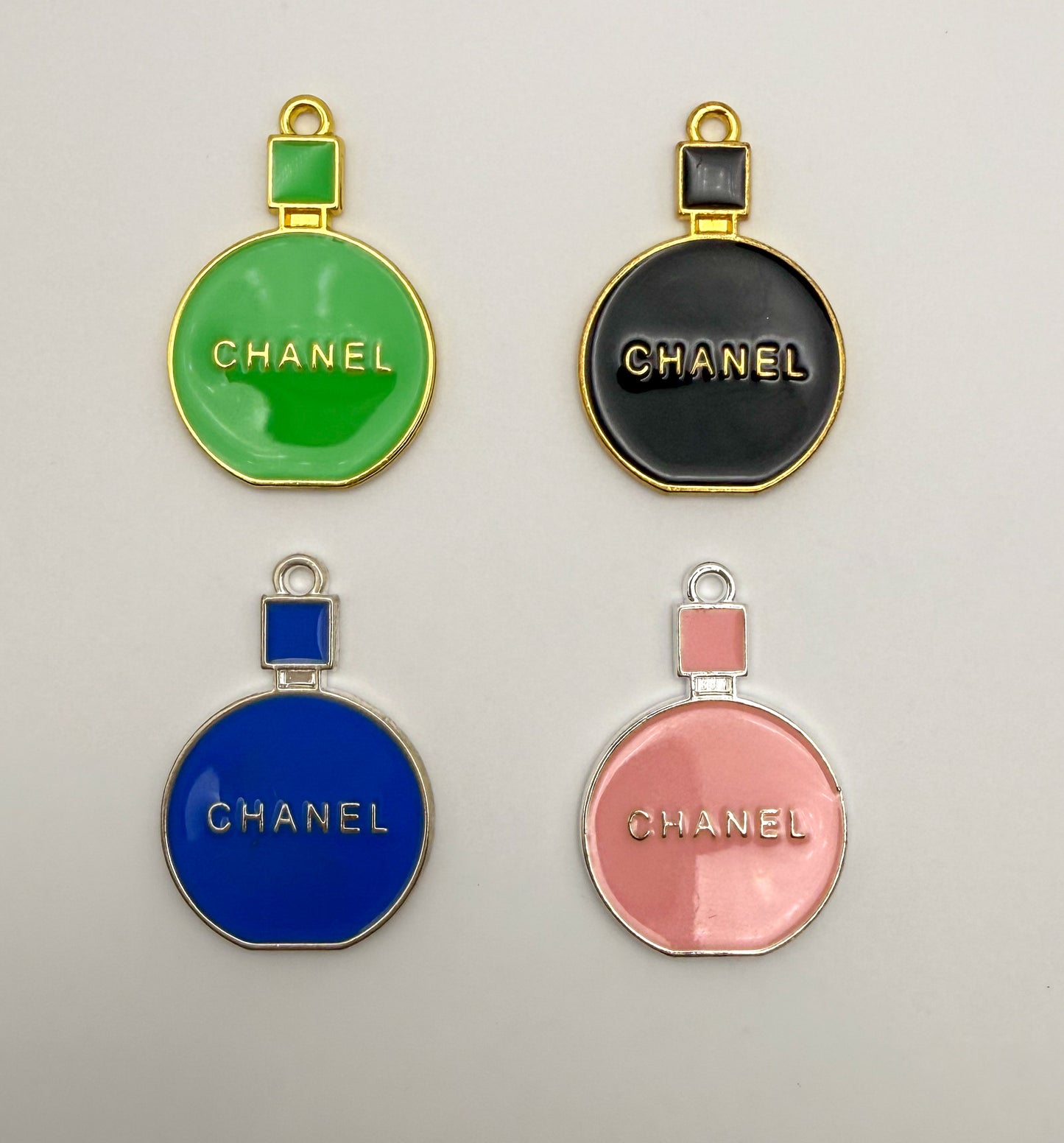 Chanel Perfume Bottle Silver & Gold Enamel Charm Pendants