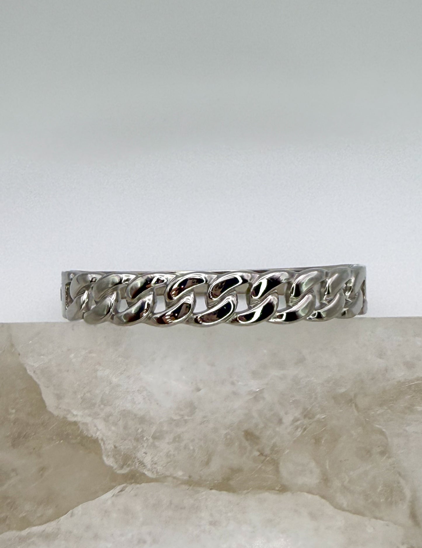 Silver Stainless Steel Cuban Chain Link Bangle Bracelet