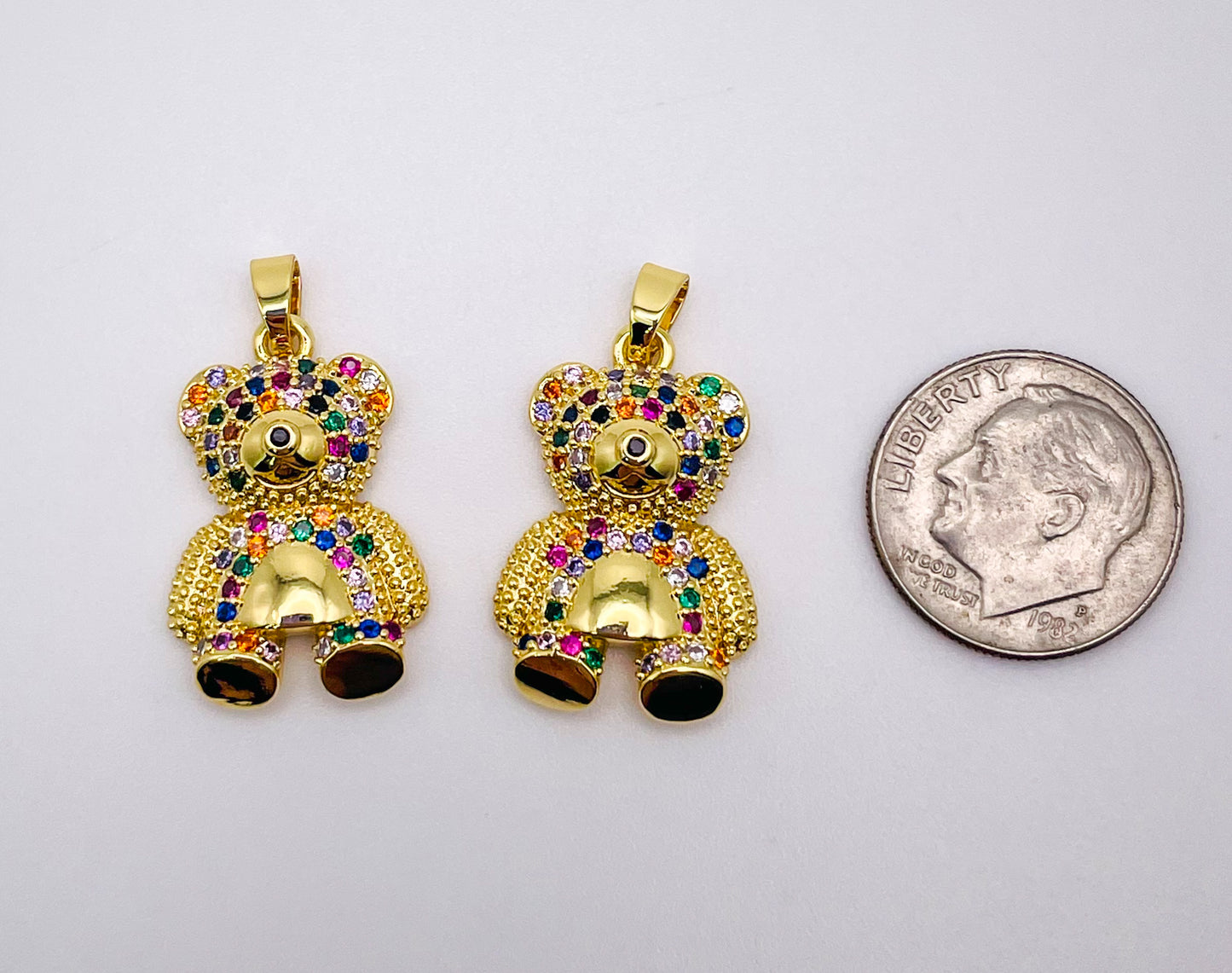 Gold Teddy Bear Pendant with Multicolored Micro Pave Zirconia Gems