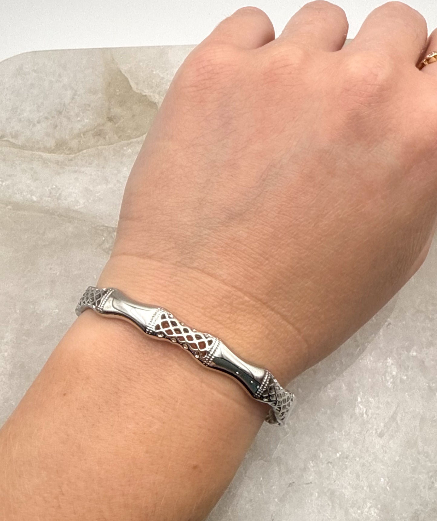 Silver Stainless Steel Delicate Bamboo Bangle Bracelet