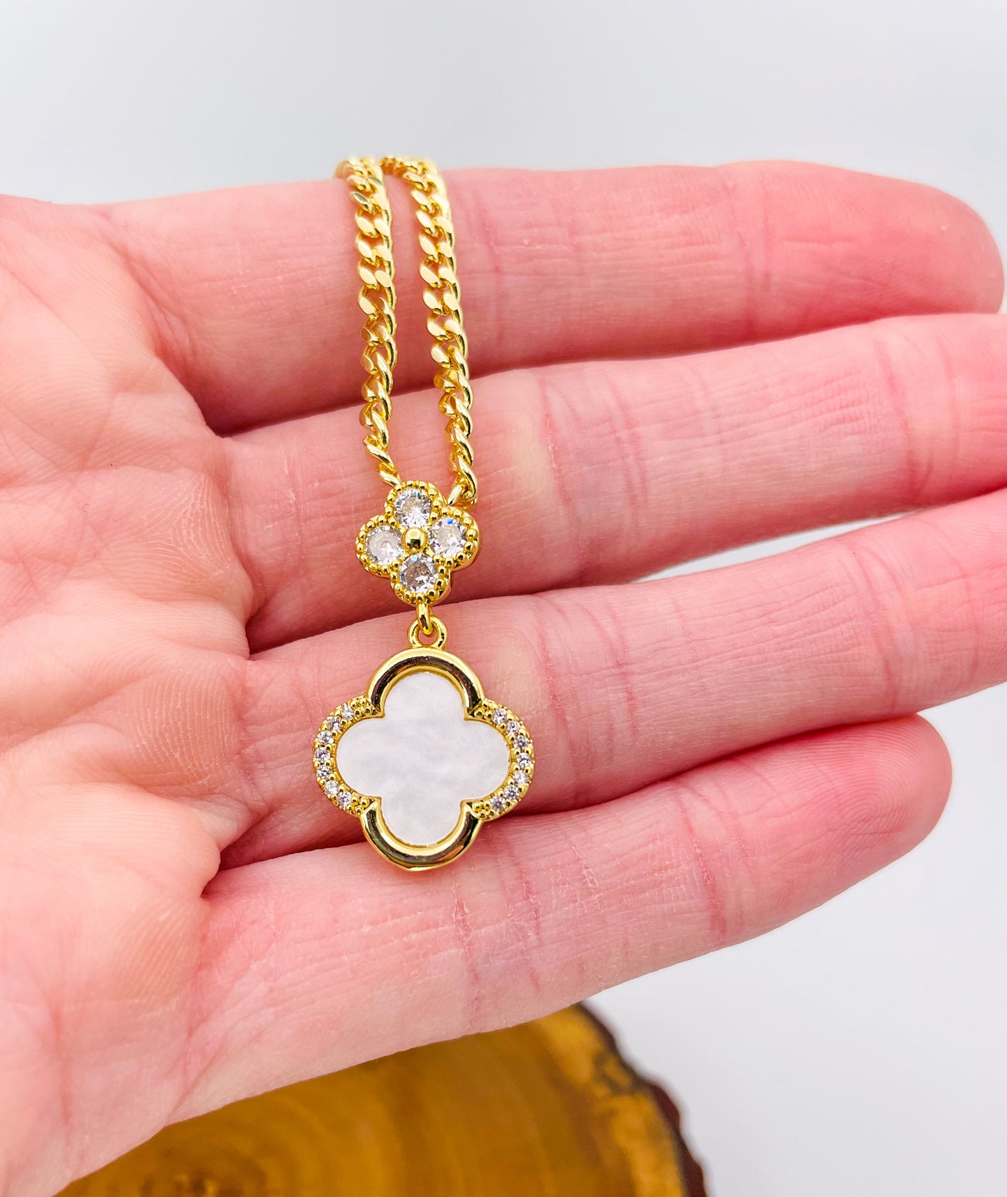 24K Gold Filled White or Red Double Lucky Clover Luxury Necklace