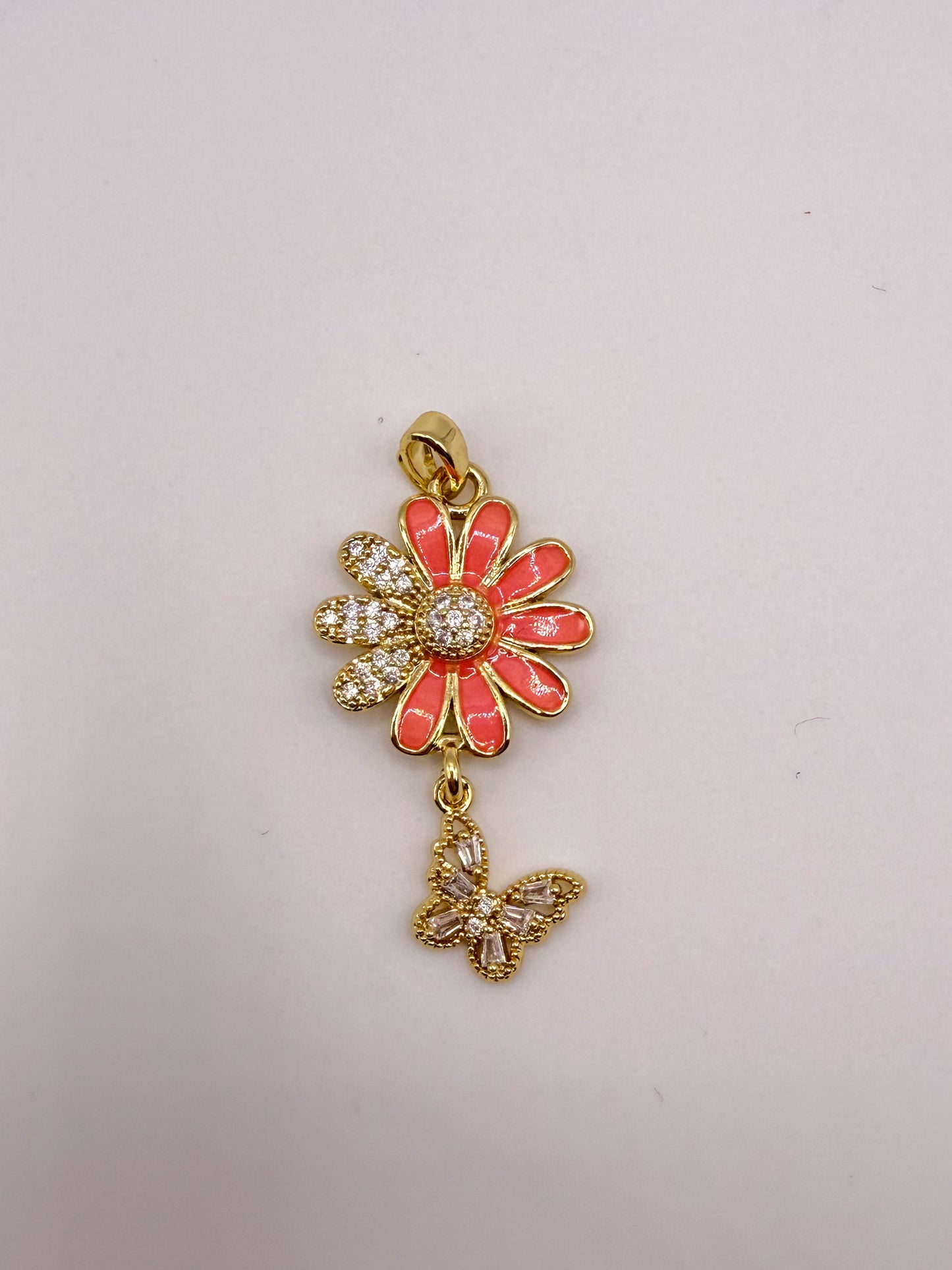 Gold Flower & Dangling Butterfly Charm Pendant