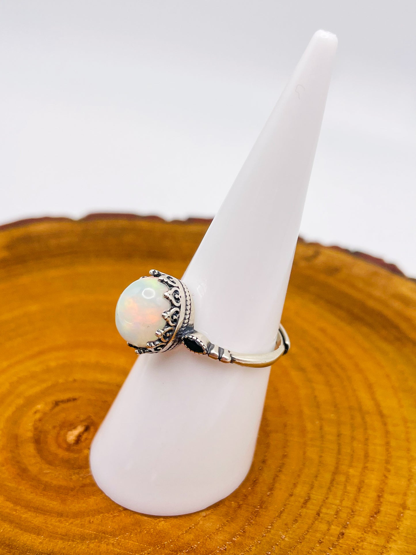 Sterling Silver Big White Opal Statement Adjustable Ring