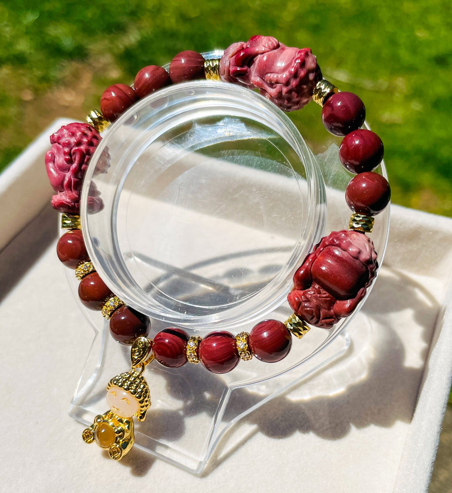 Hear, See & Speak No Evil Baby Budda Sitting on Lotus Natural Alashan Agate Crystal Carving Beaded Stretch Adjustable Bracelet