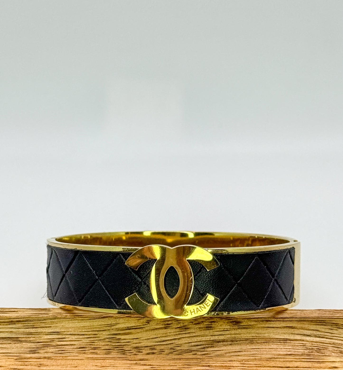 Thick Gold CC Bangle Bracelet with  Leather Wrap