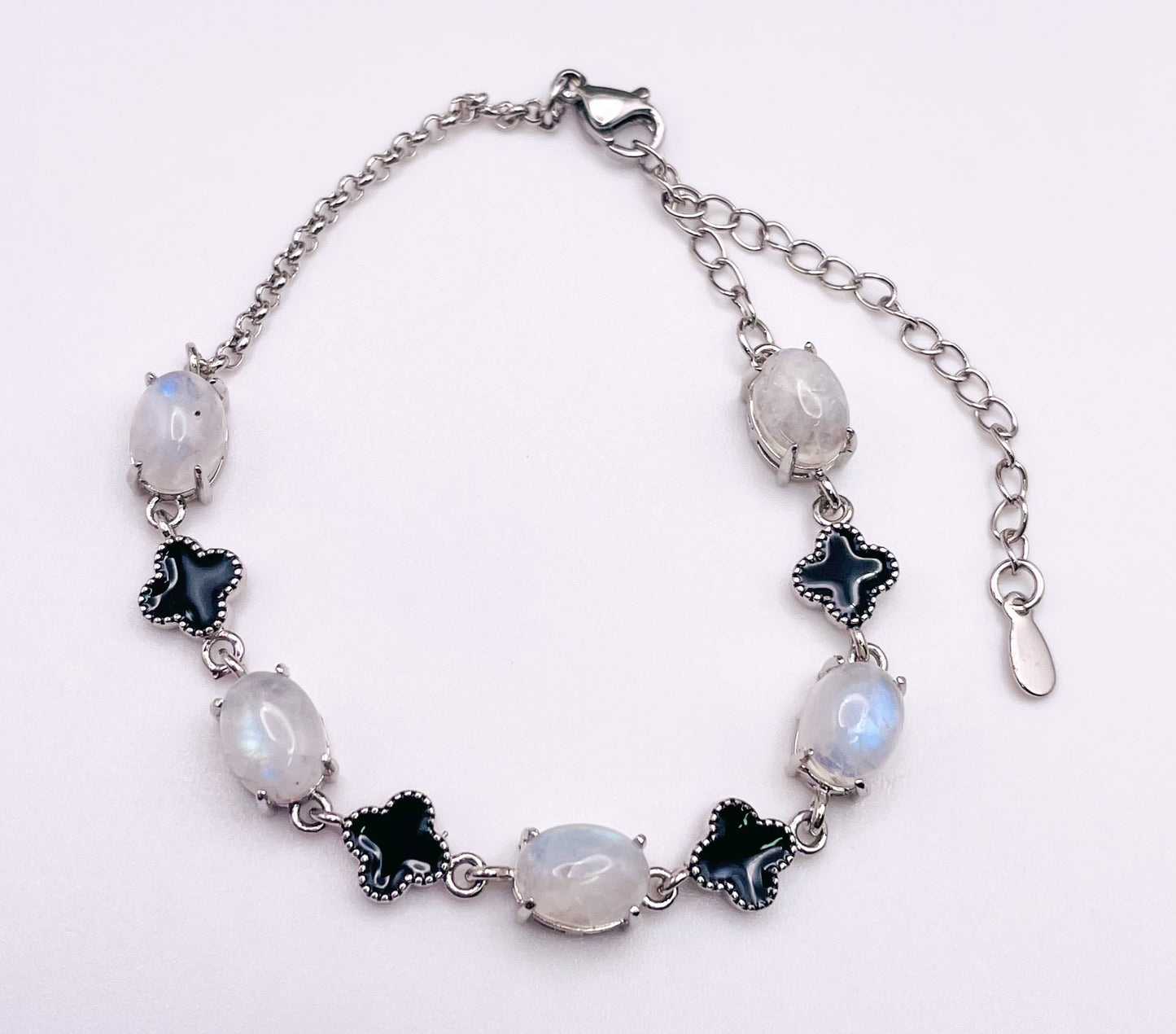 Natural Blue Moonstone LV Clover  Silver Chain Adjustable Bracelet