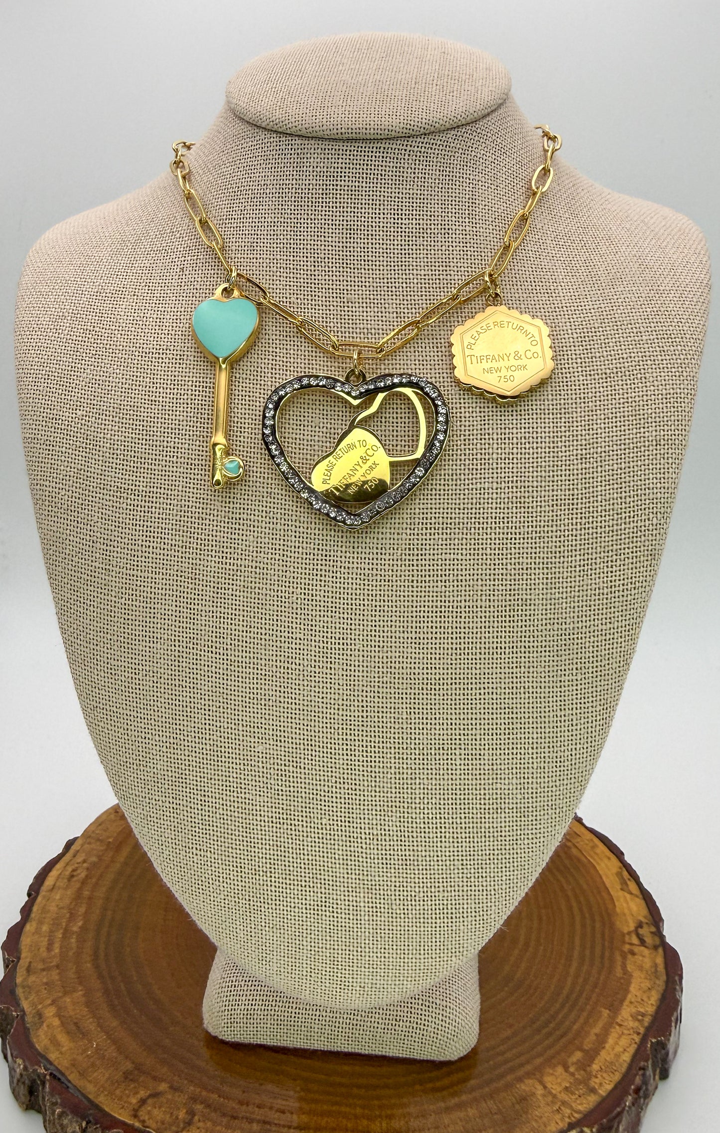 Gold Stainless Steel T&Co. Charm Necklace & Stud Earrings Jewelry Set