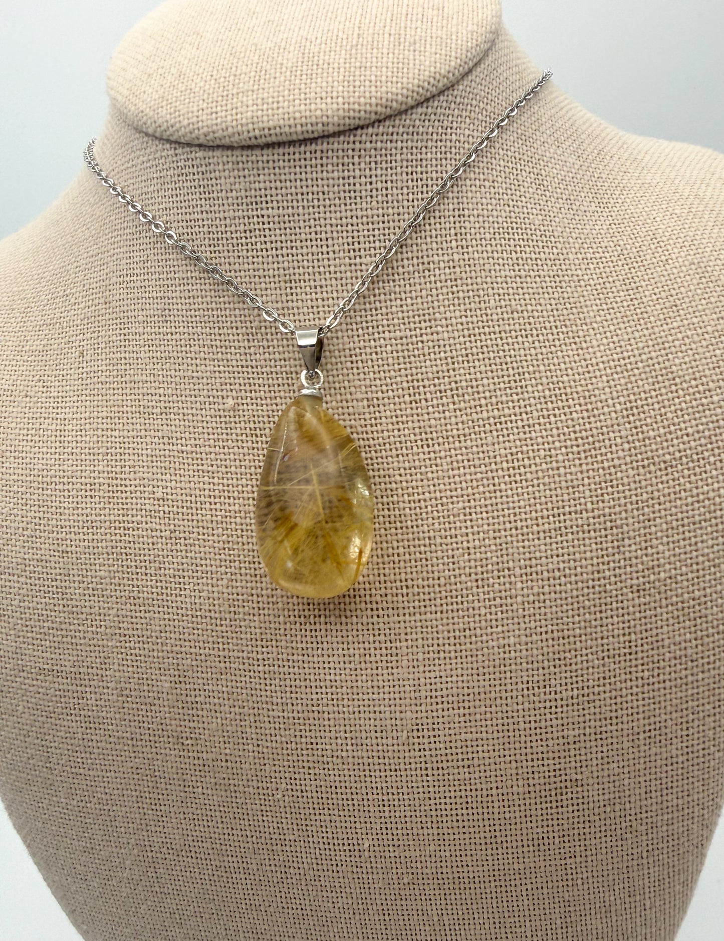 Natural Golden Rutilated Quartz Crystal Teardrop Pendant Stainless Steel Chain Necklace