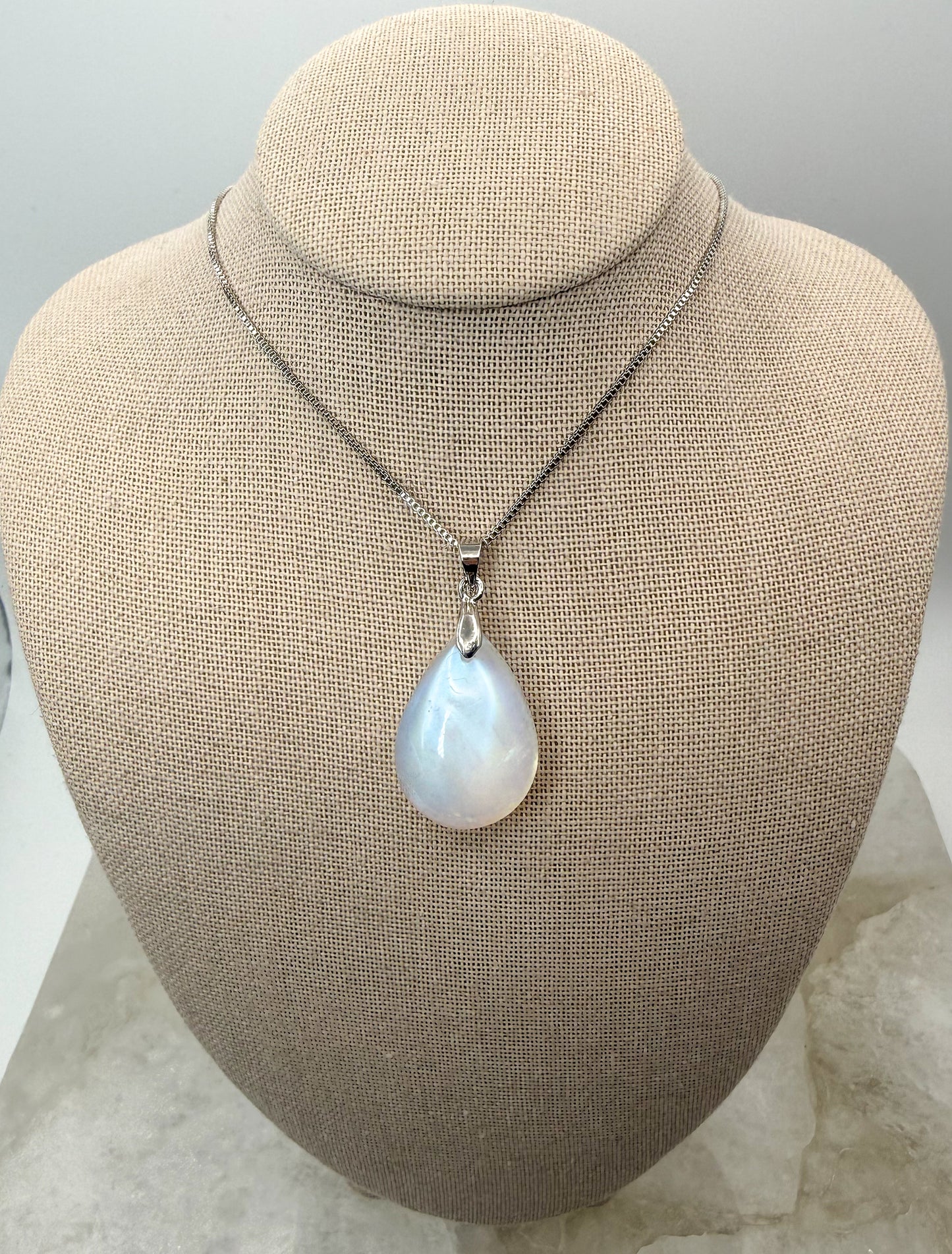 Natural Blue Moonstone Crystal Teardrop Pendant on Stainless Steel Chain Necklace