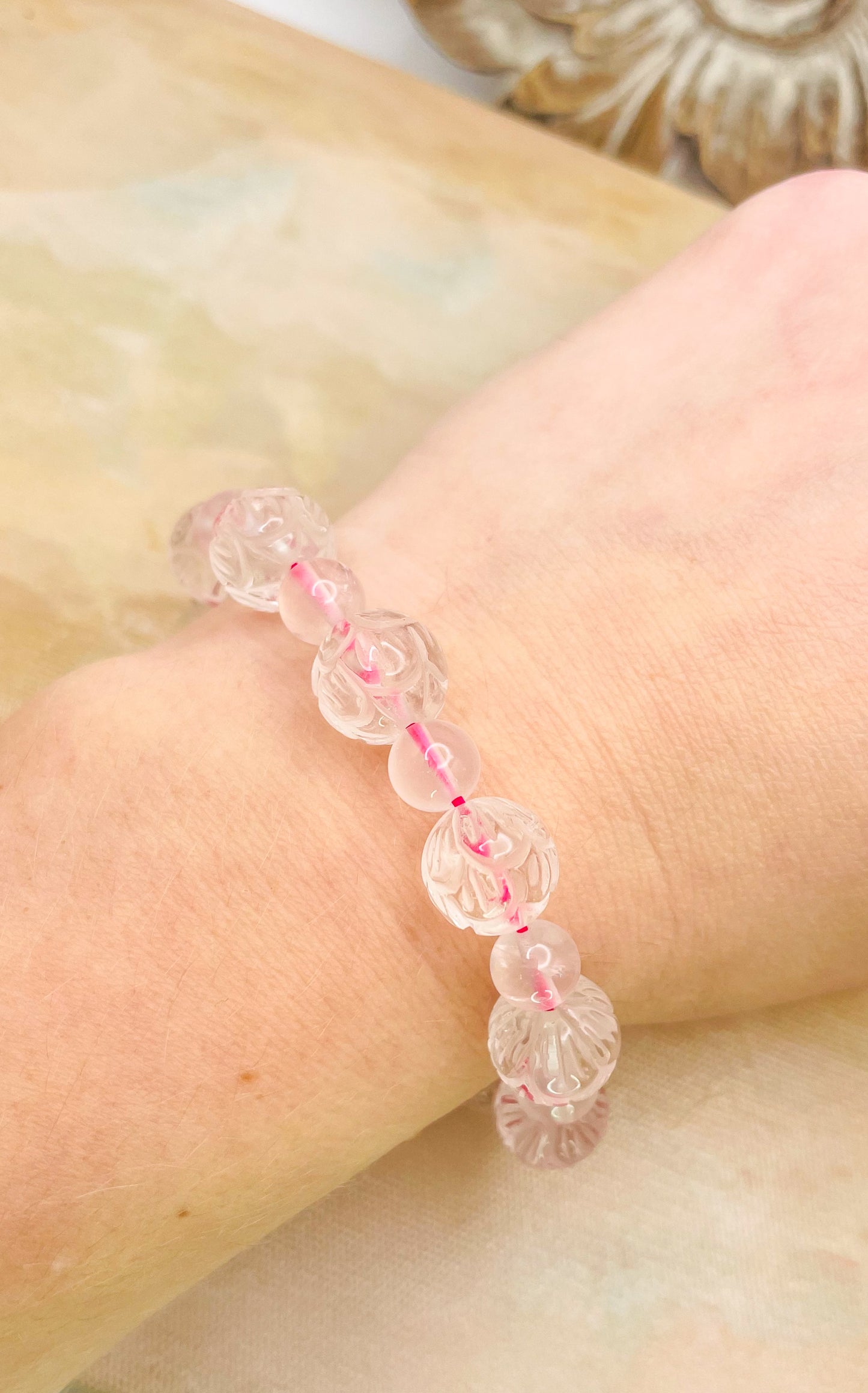 Lotus Craved Natural Crystal Beaded Bracelets- Clear Quartz, Rose Quartz