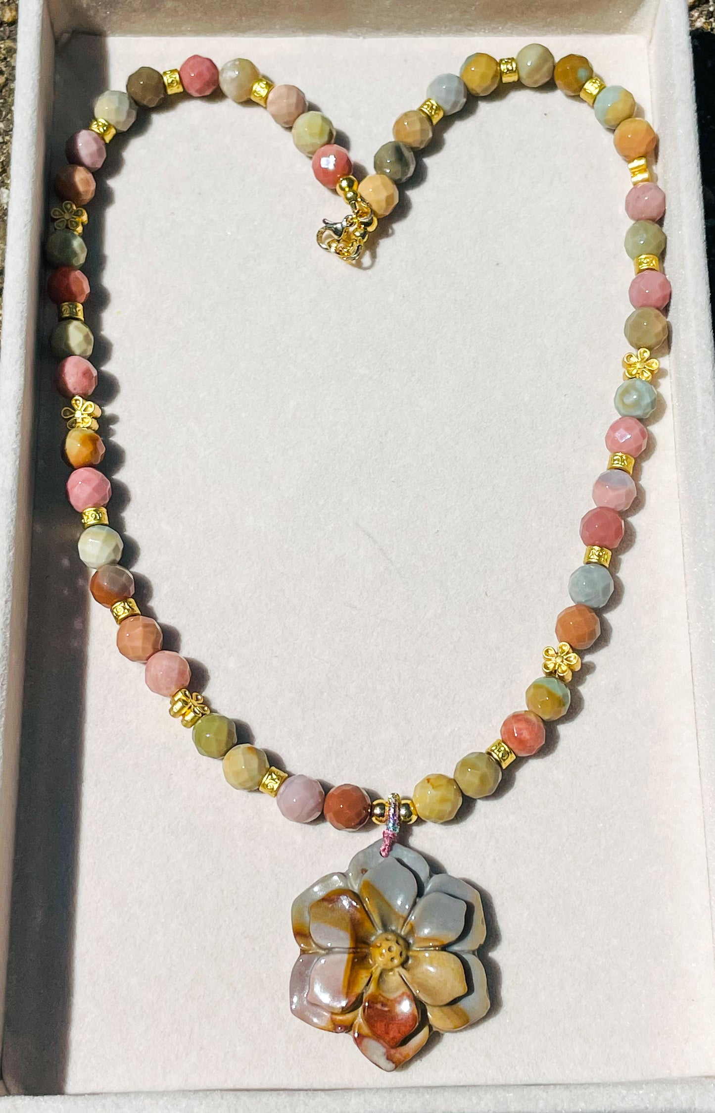 Natural Alashan Agate Sakura Flower Beaded Necklace