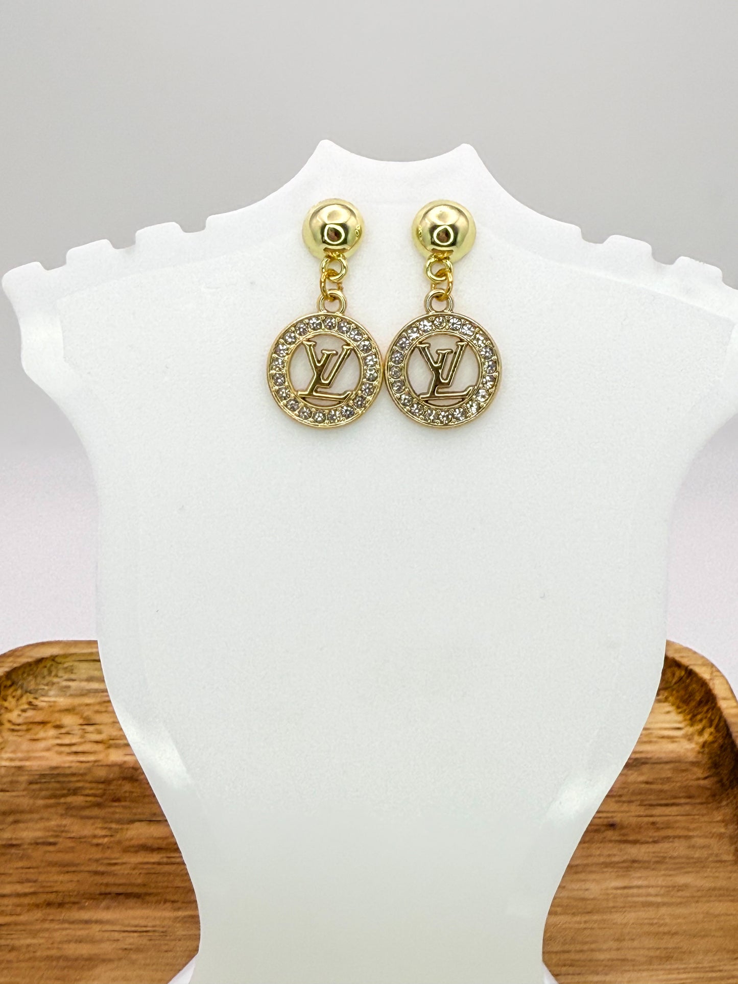 Gold LV Designer Stud Dangle Earrings