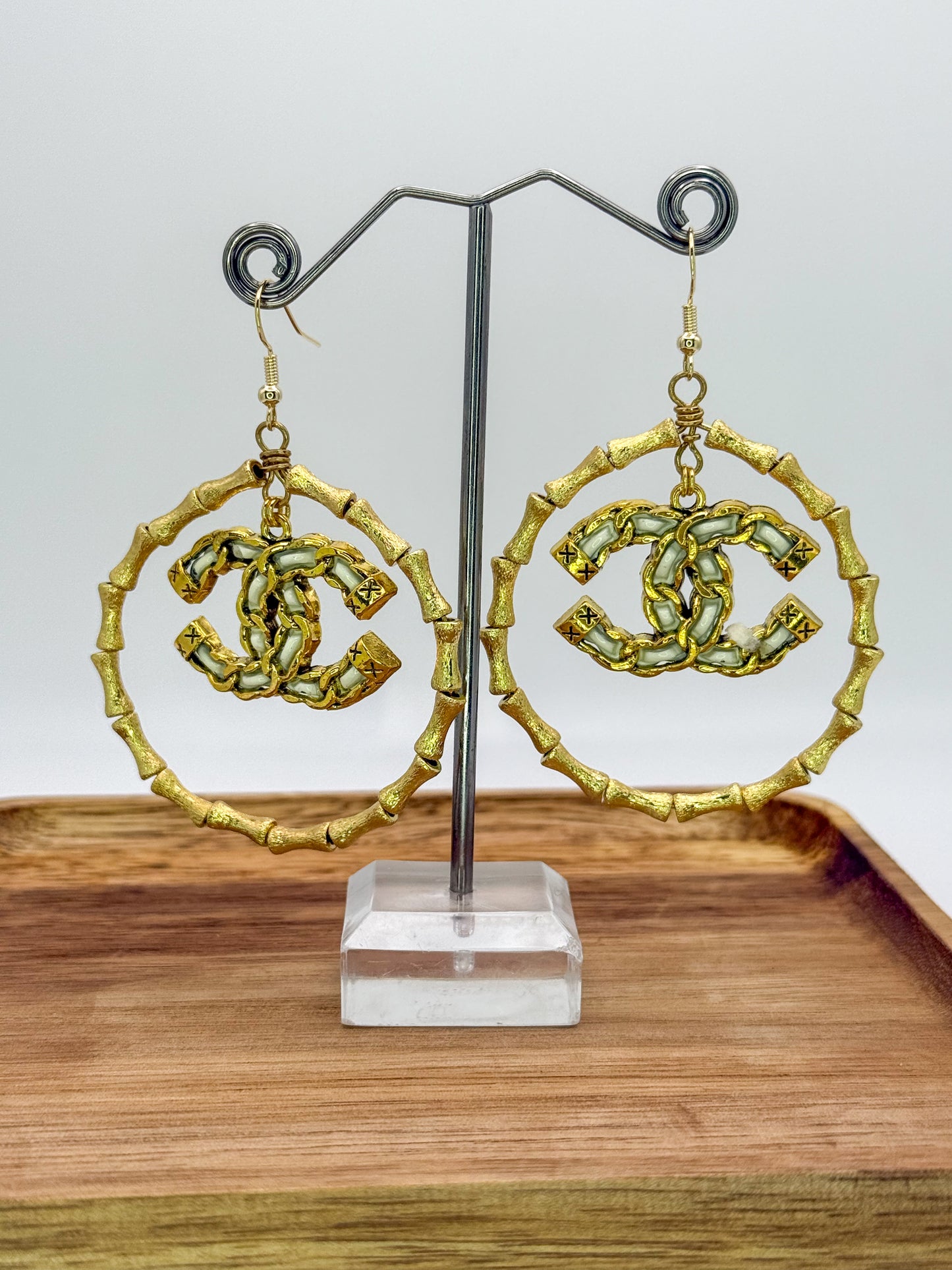 Gold Bamboo CC Designer Hoop Earrings