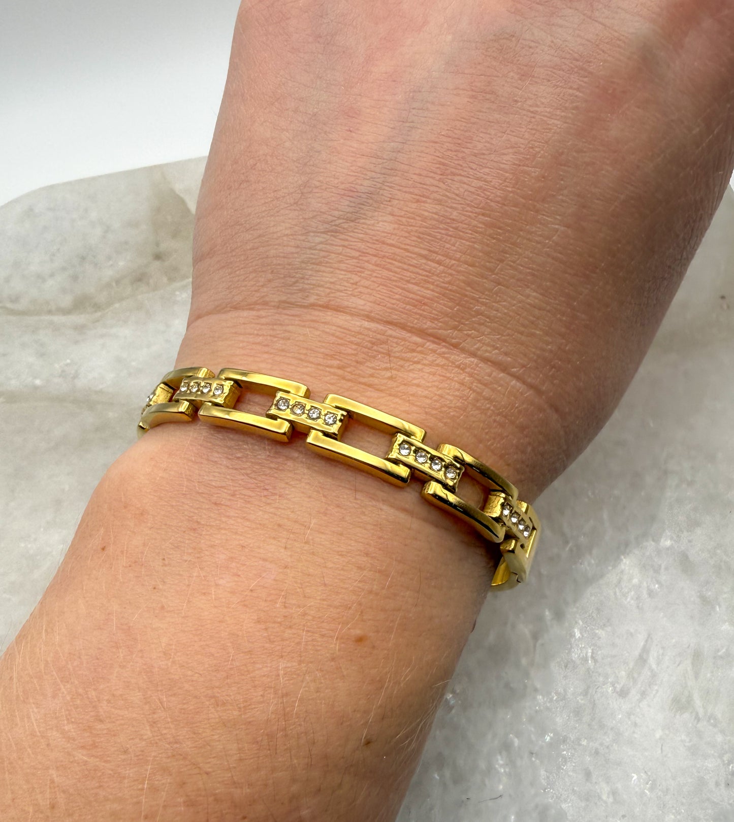 Gold Stainless Steel Bling Box Chain Link Bangle Bracelet