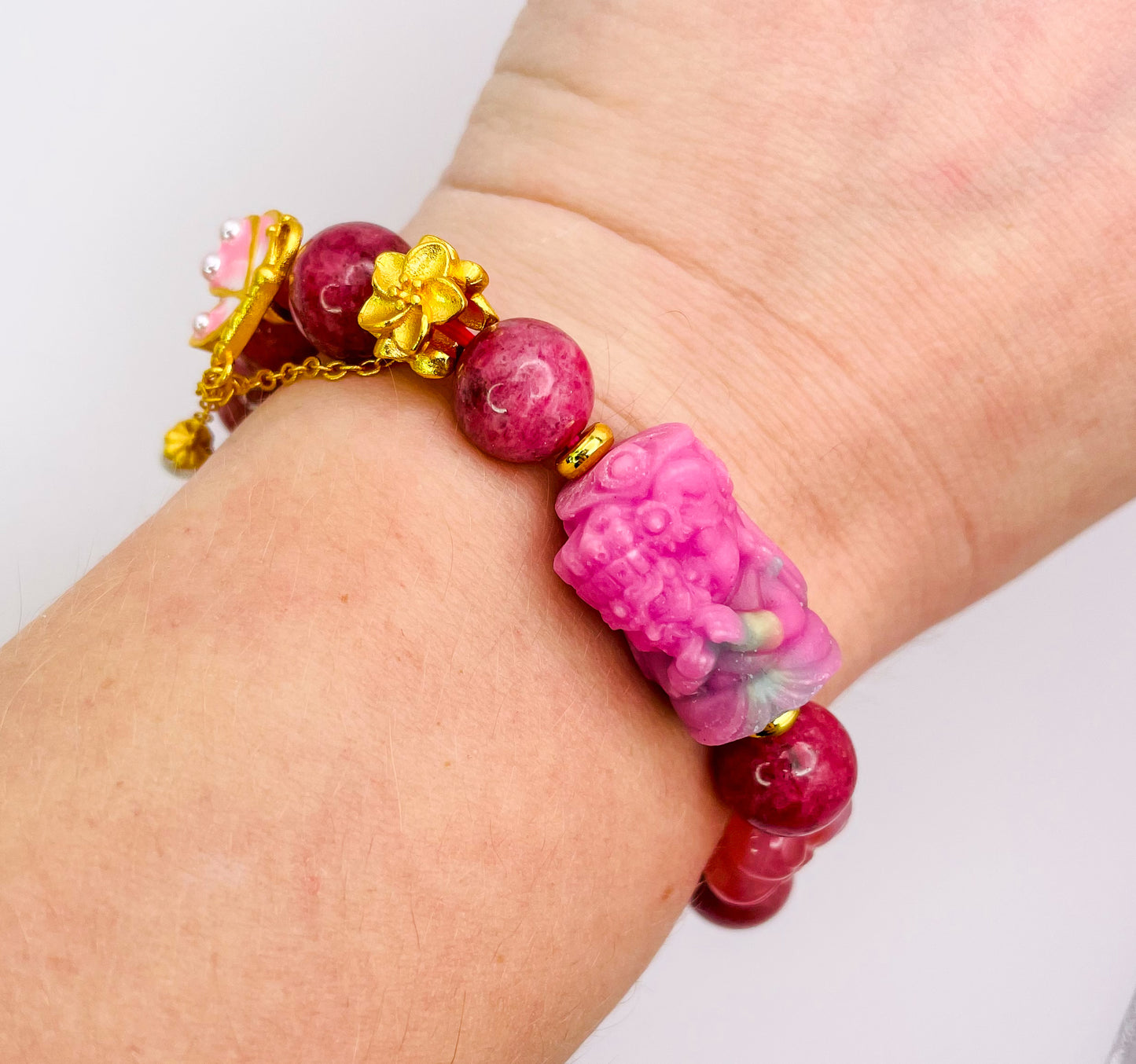 Goddess of Protection Drashi Llamo Pink Rhodonite Statement Bracelet