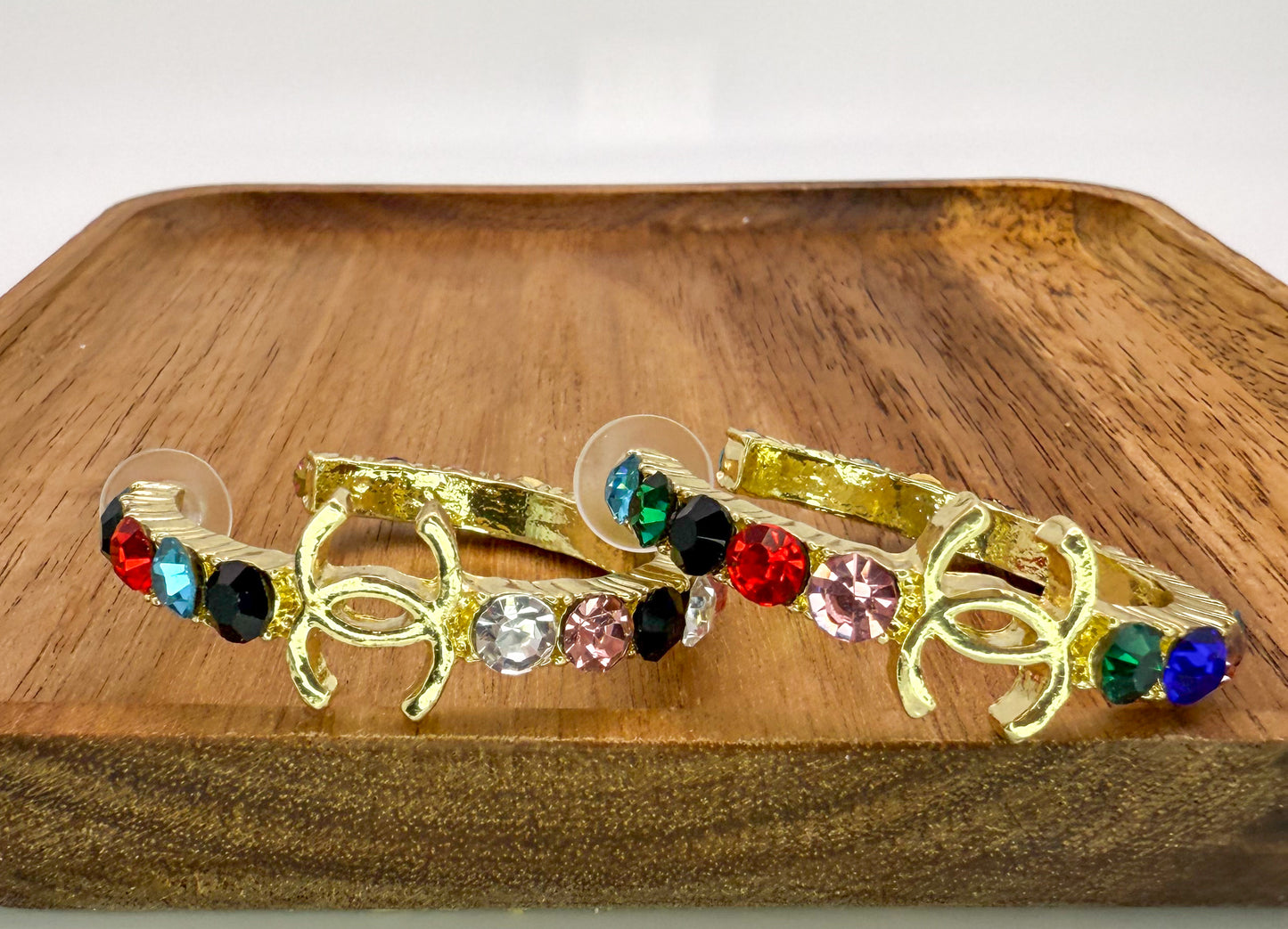 CC Designer Colorful Rhinestone Gold Hoop Earrings