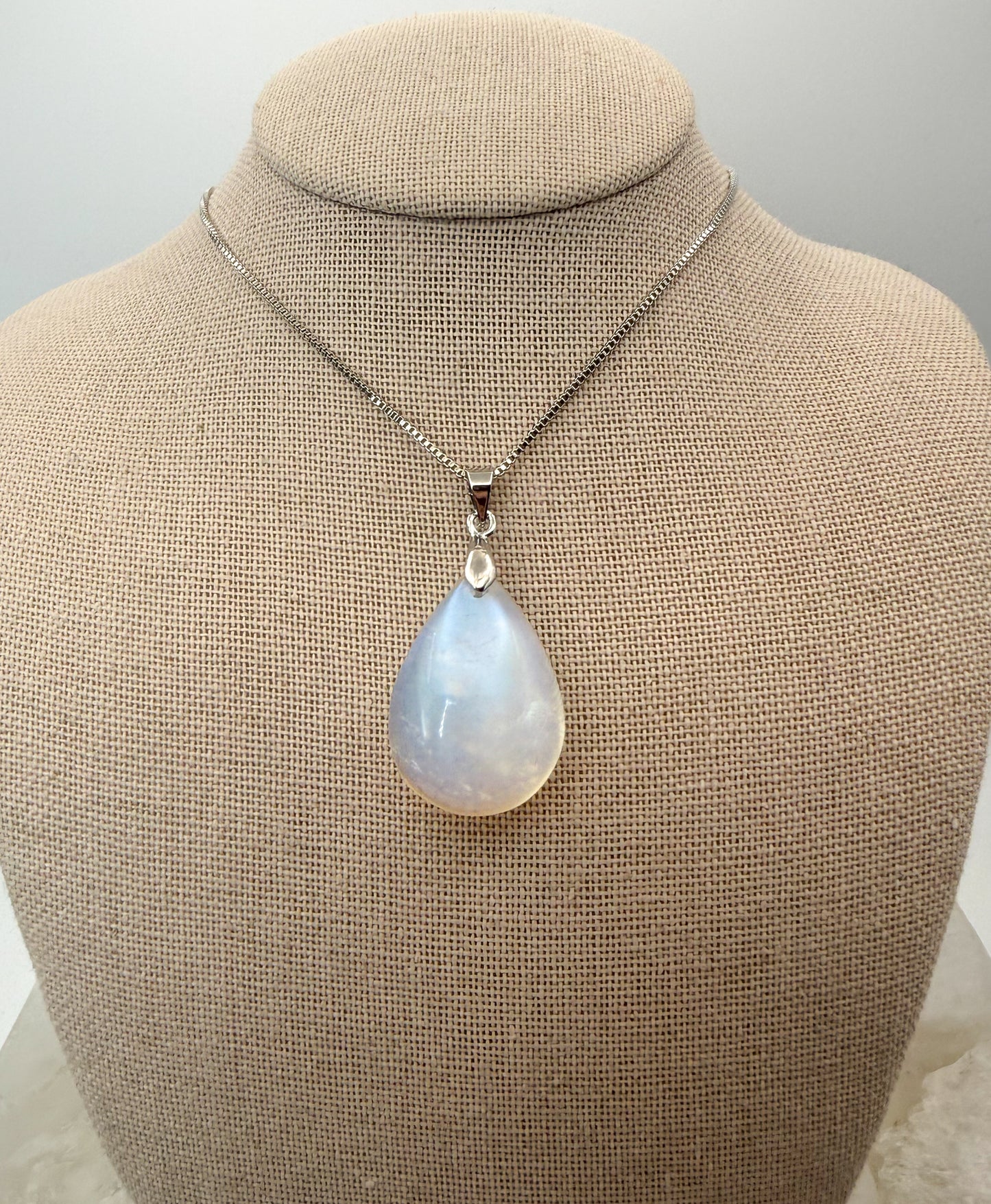 Natural Blue Moonstone Crystal Teardrop Pendant on Stainless Steel Chain Necklace
