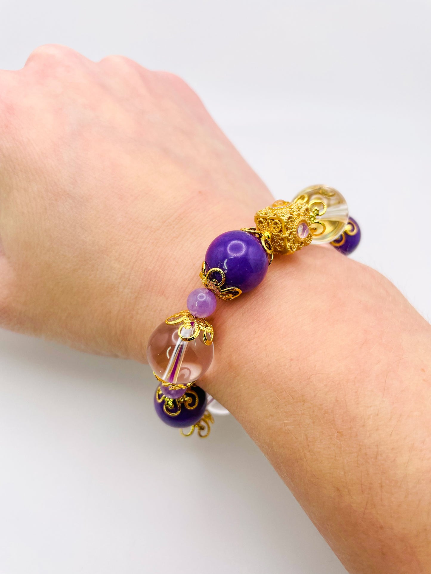 Clear Quartz & Purple Phosphosiderite Crystal Bling Bracelet