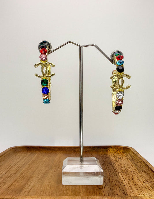 CC Designer Colorful Rhinestone Gold Hoop Earrings