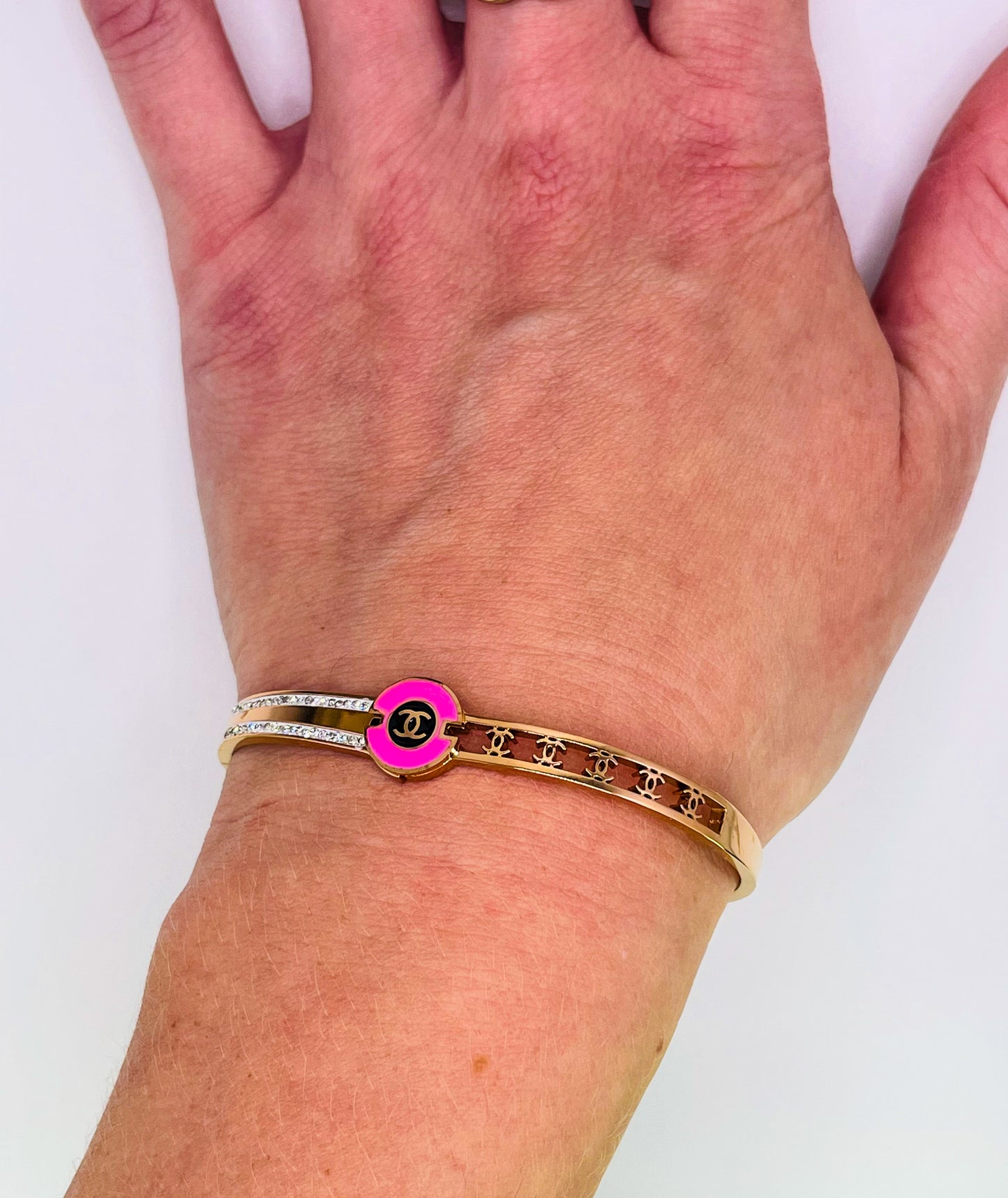 Pink Enameled CC Logo Gold Stainless Bangle Bracelet