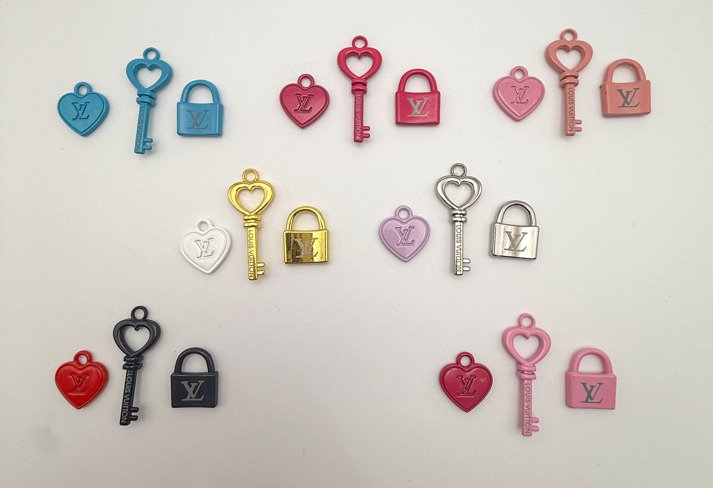 High Quality LV Inspired Lock N Key, Heart Colorful Metal Charm sets