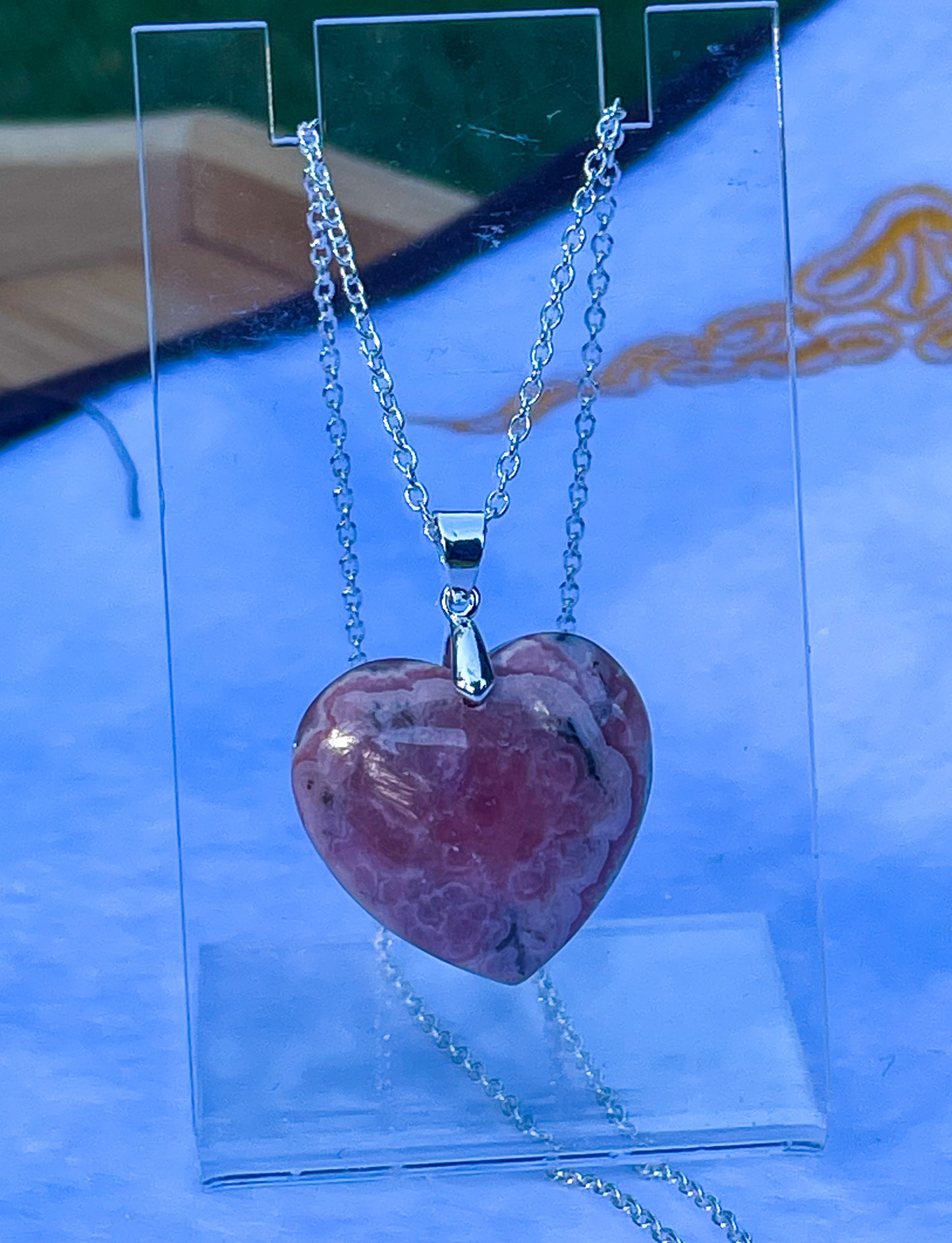 Natural Rhodochrosite Heart Crystal Pendant S925 Sterling Silver Necklace