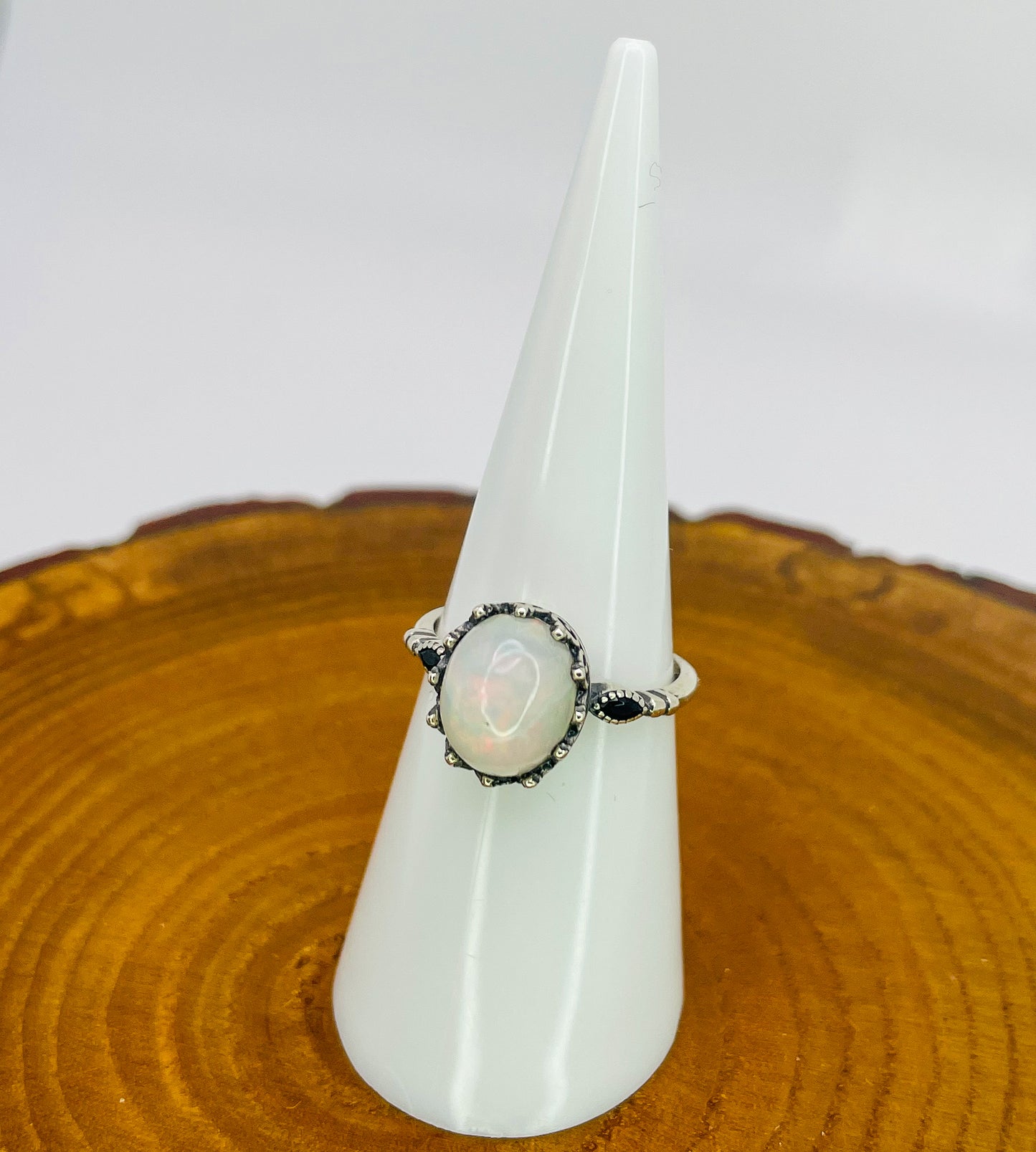 Sterling Silver Big White Opal Statement Adjustable Ring