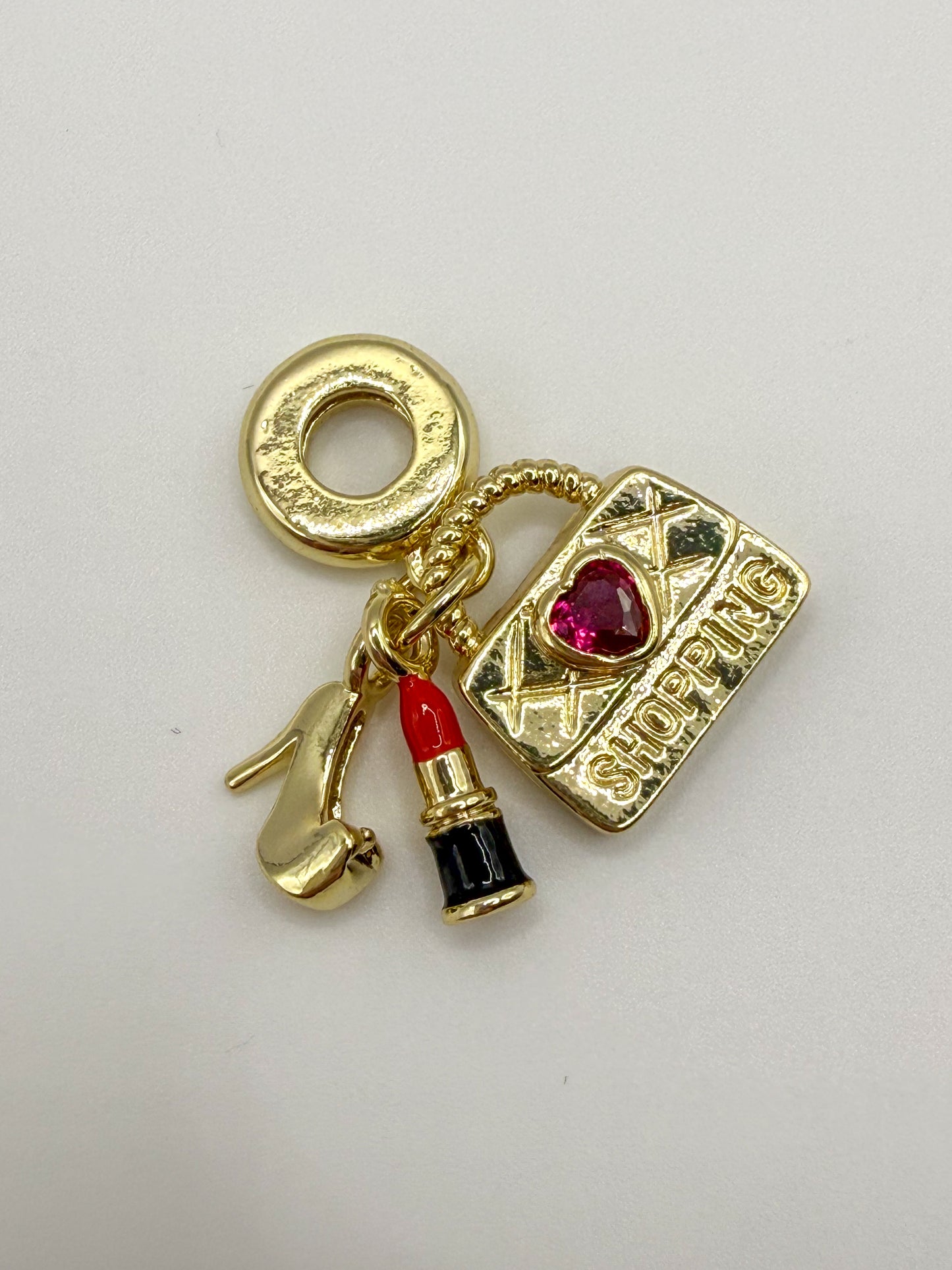 Gold Pandora Style Shopping Theme High Heel Lipstick Purse Dangling Charm Bead