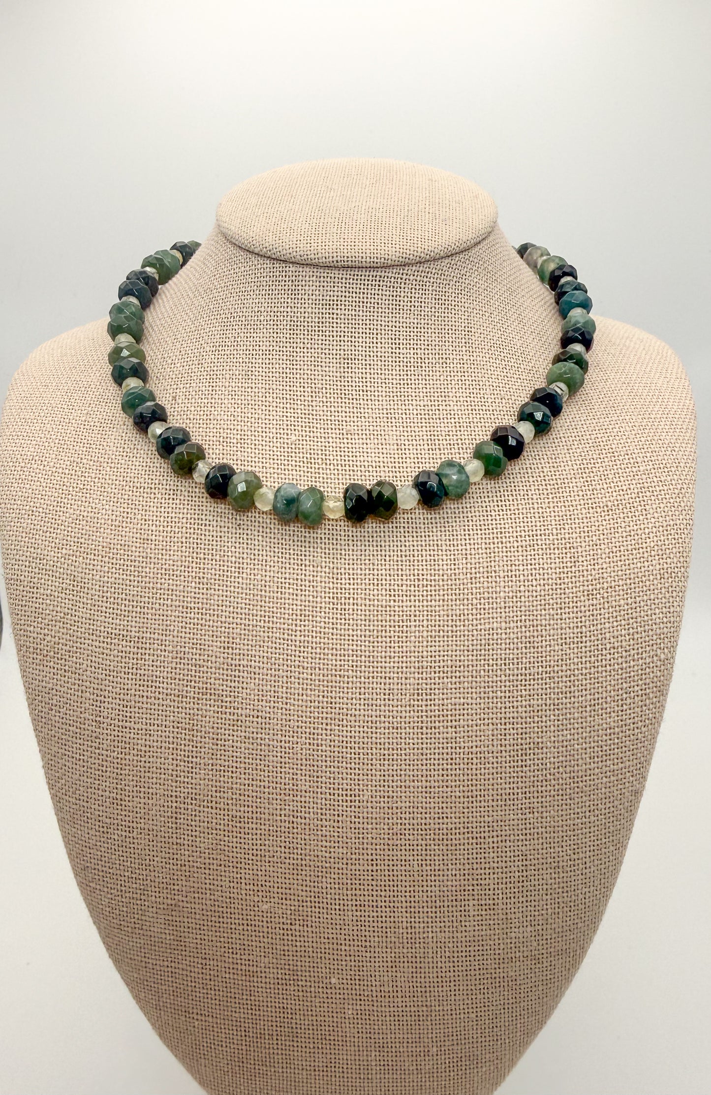 Natural Moss Agate Faceted Donut Shaped Crystal Beaded Necklace